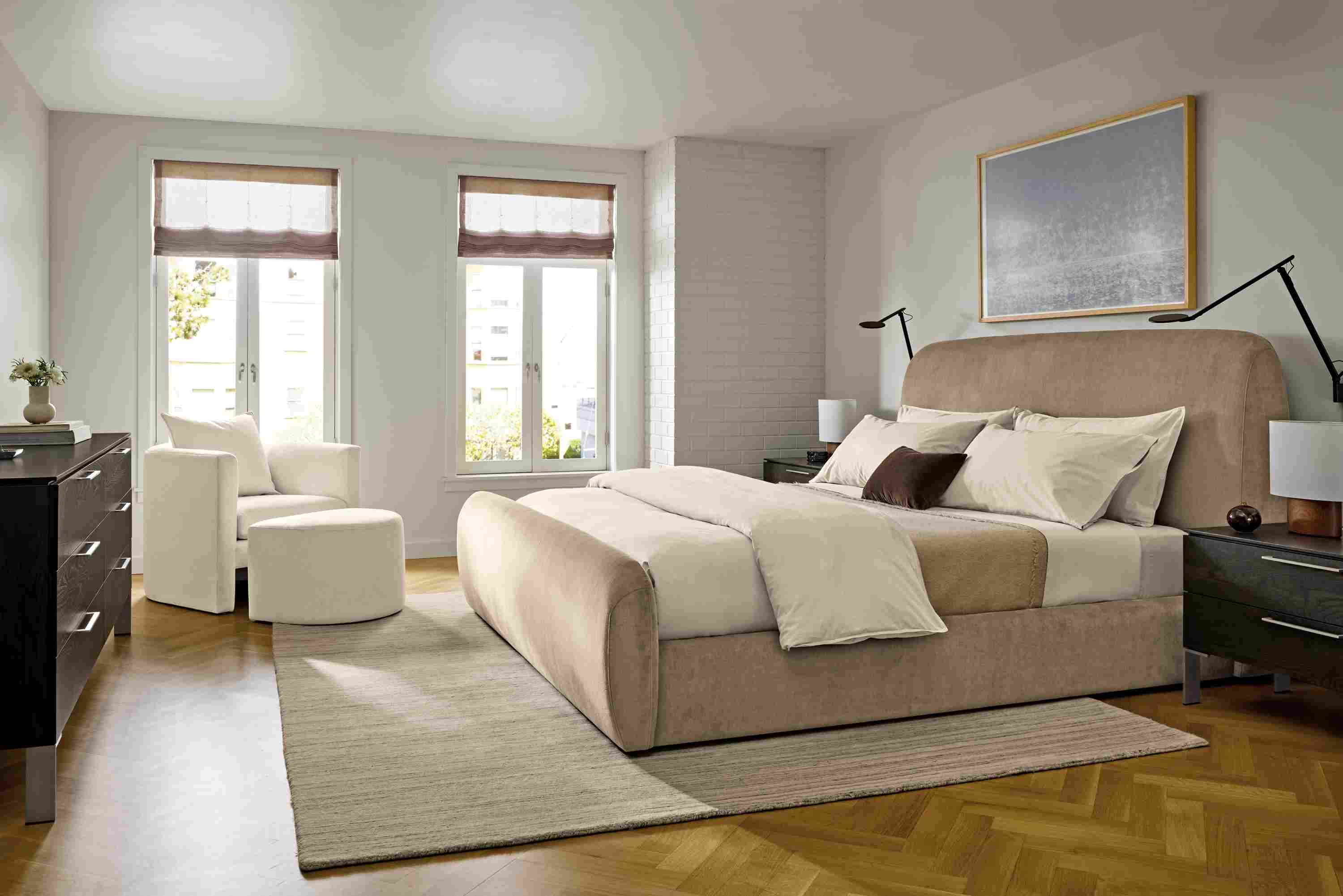 Large bedroom with Luna king bed in Windsor Otter, 2 Kenwood nightstands and Kenwood dresser all in charcoal on ash.