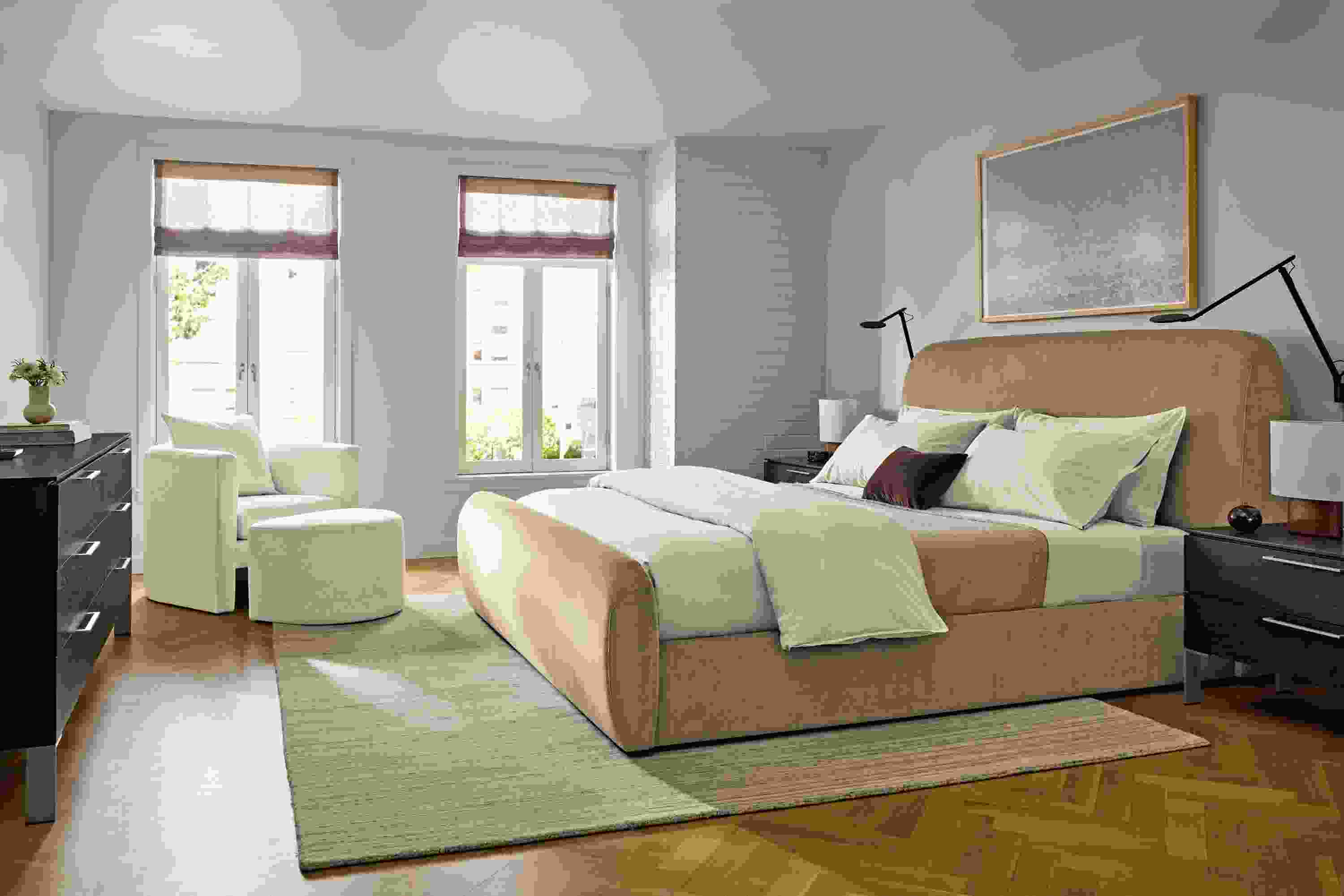 Large bedroom with Luna king bed in Windsor Otter, 2 Kenwood nightstands and Kenwood dresser all in charcoal on ash.