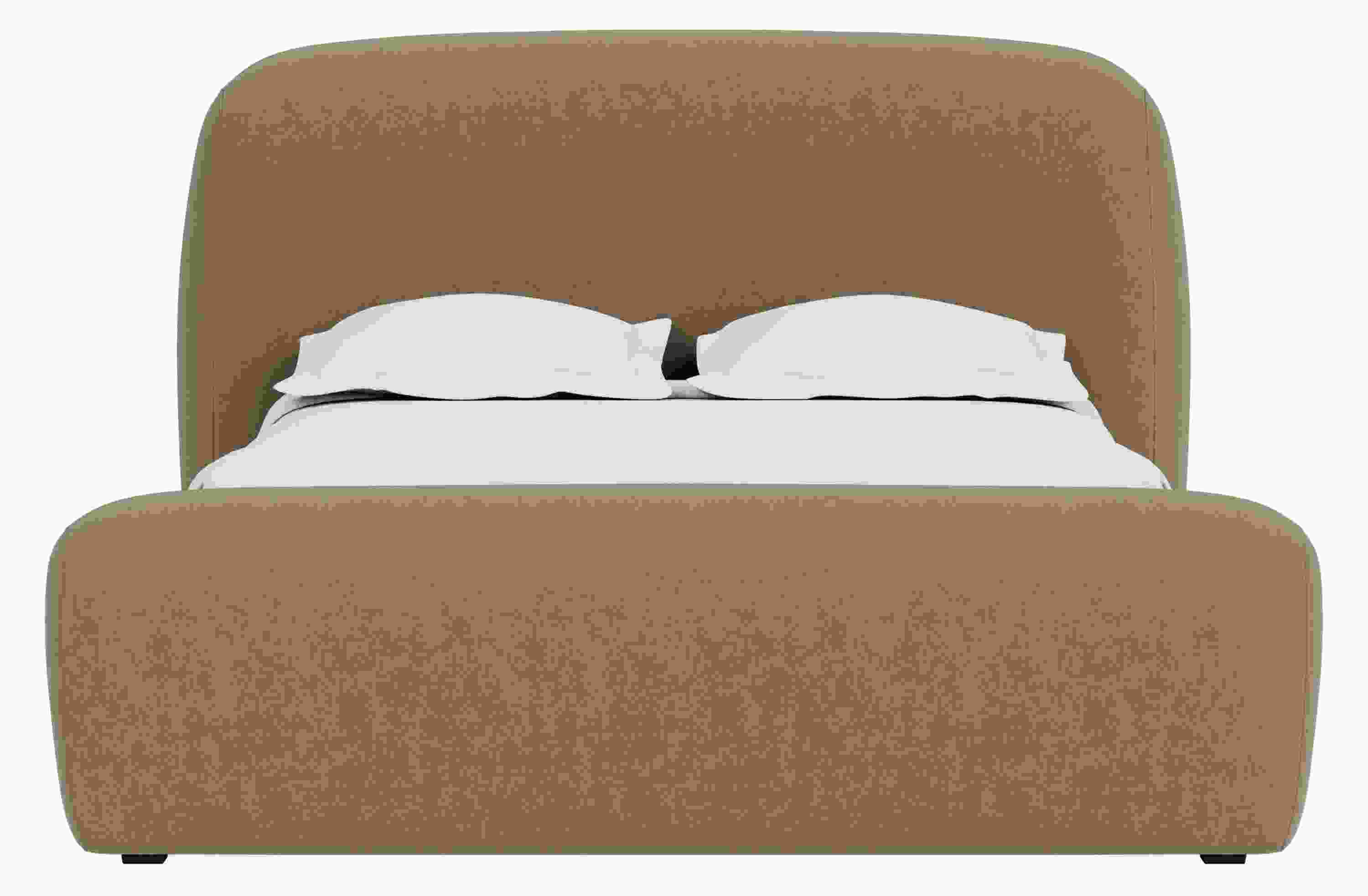 Front view of Luna Queen Bed in Windsor Otter Fabric.