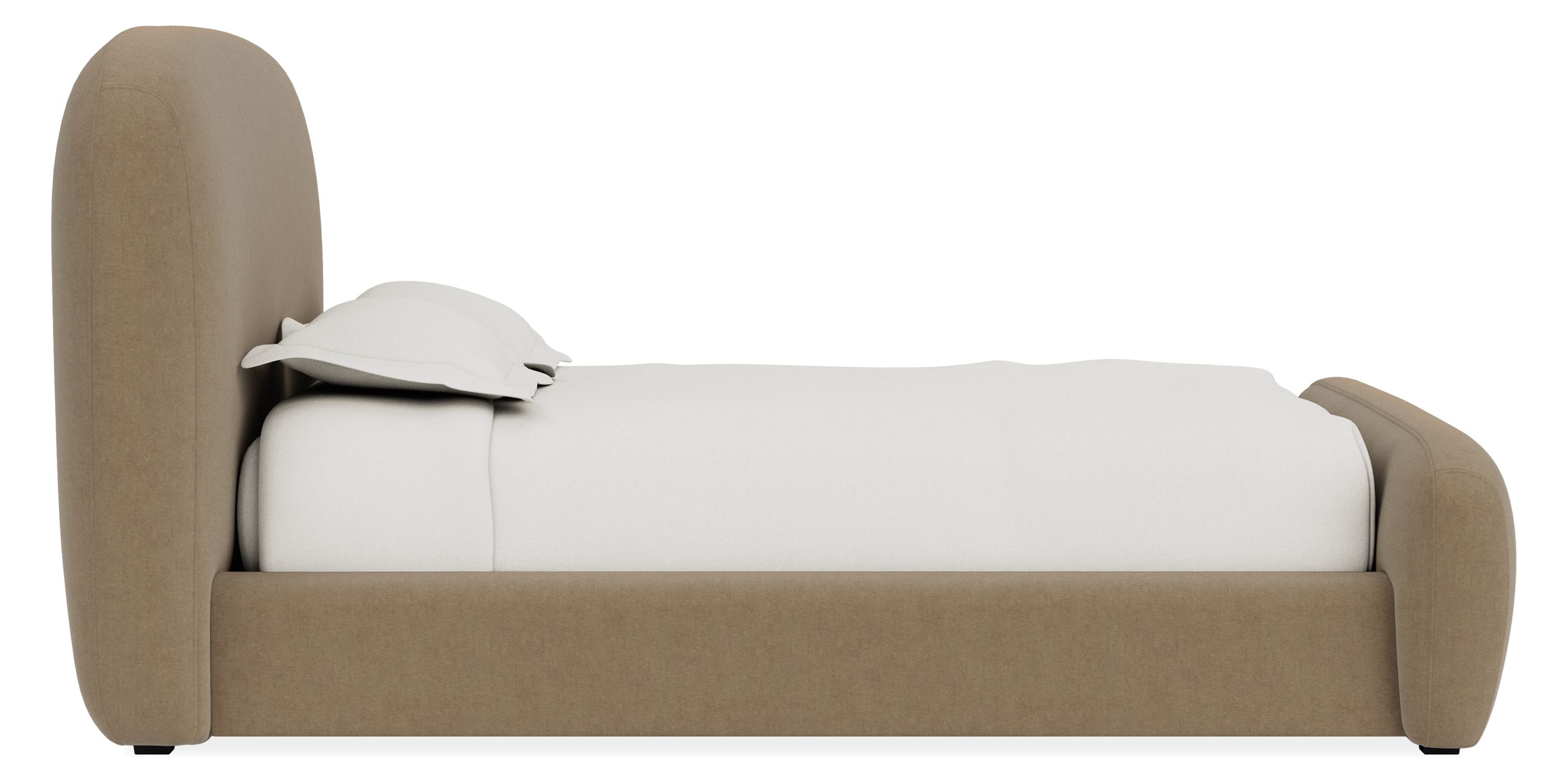 Side view of Luna Queen Bed in Windsor Otter Fabric.