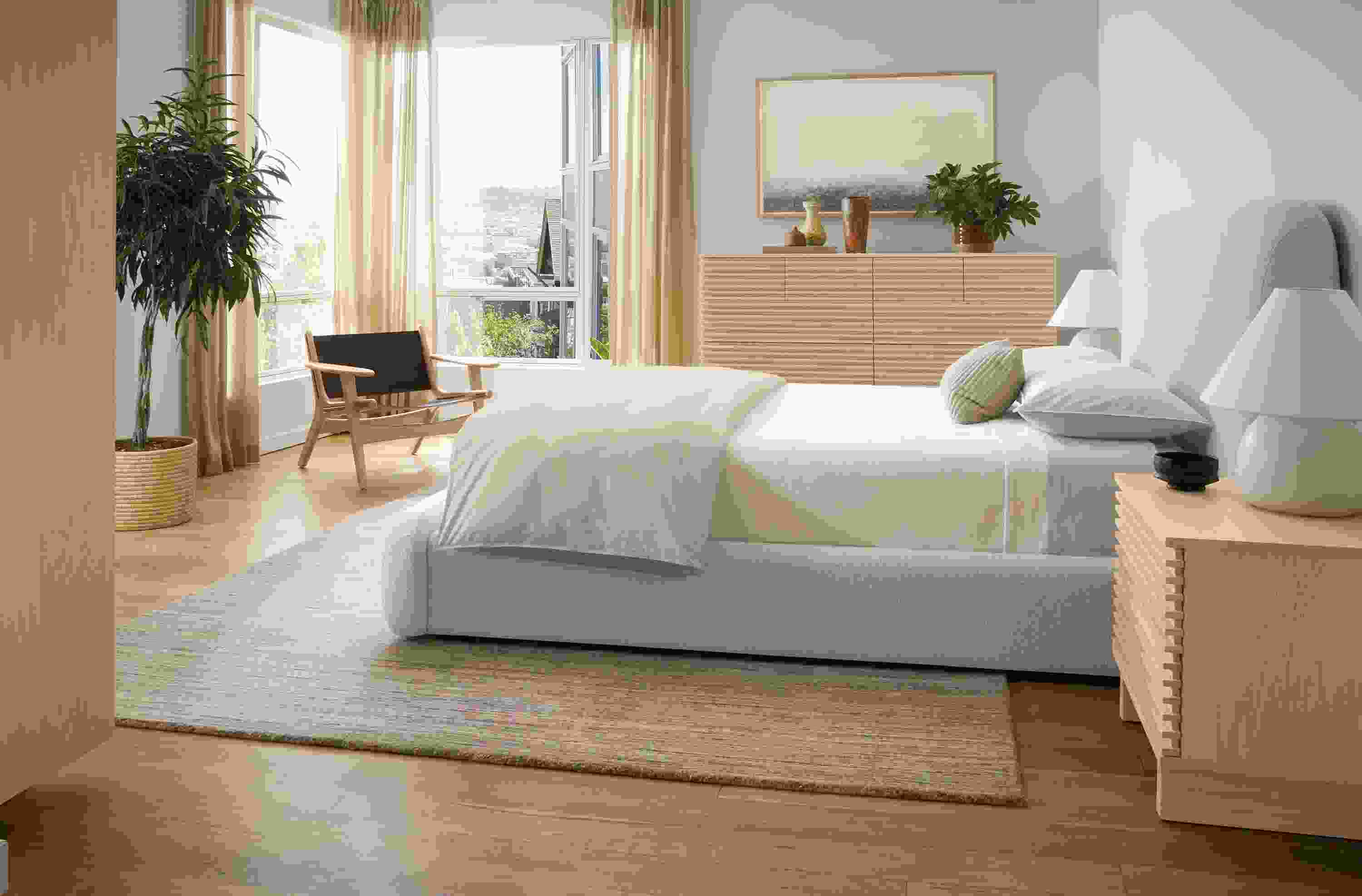 Bedroom with Luna queen storage bed in conley natural and coles nightstand and dresser in salt on red oak.