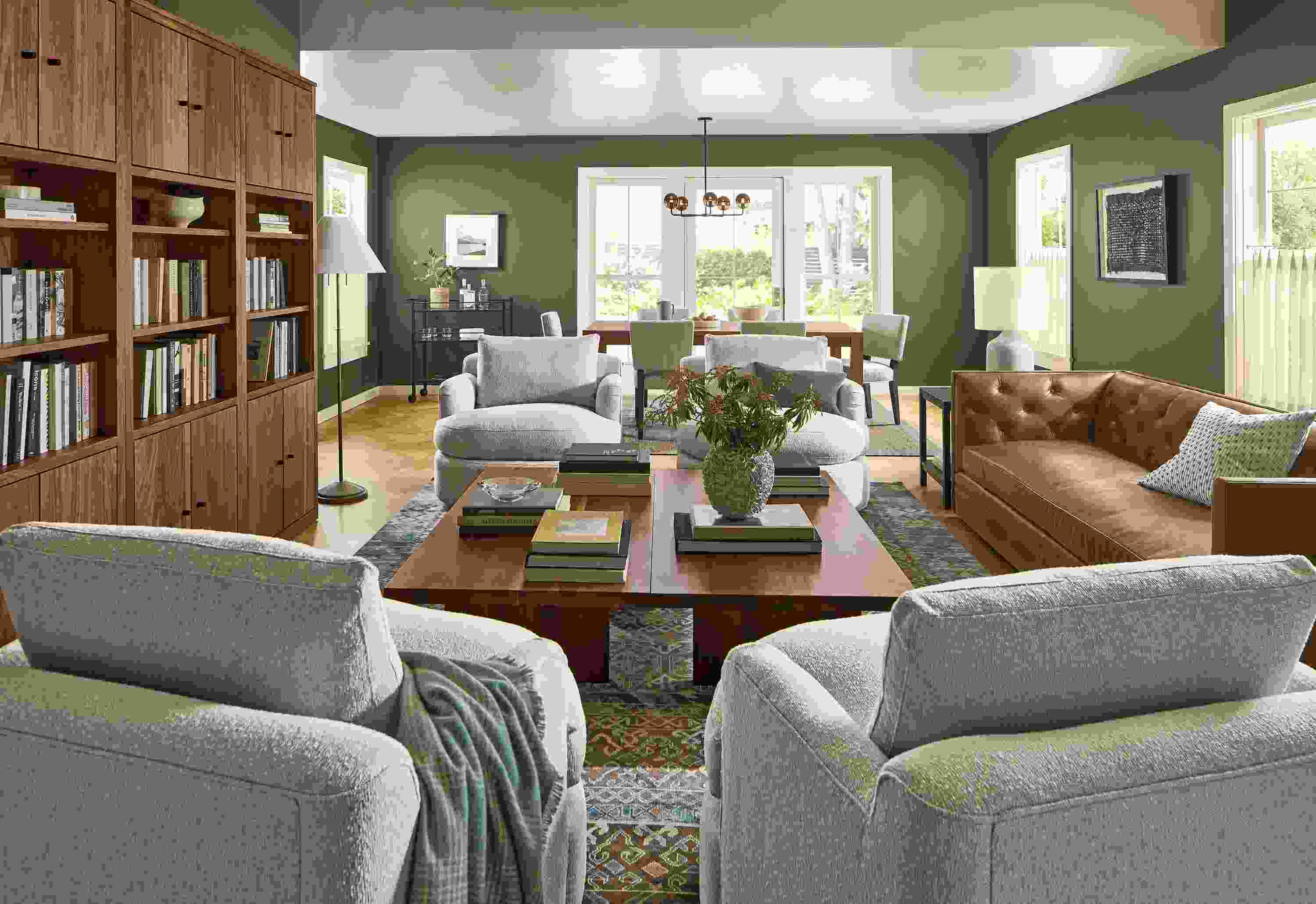 Large living room with Macalester sofa in Palermo Bourbon leather, and 4 Sonja swivel chairs.