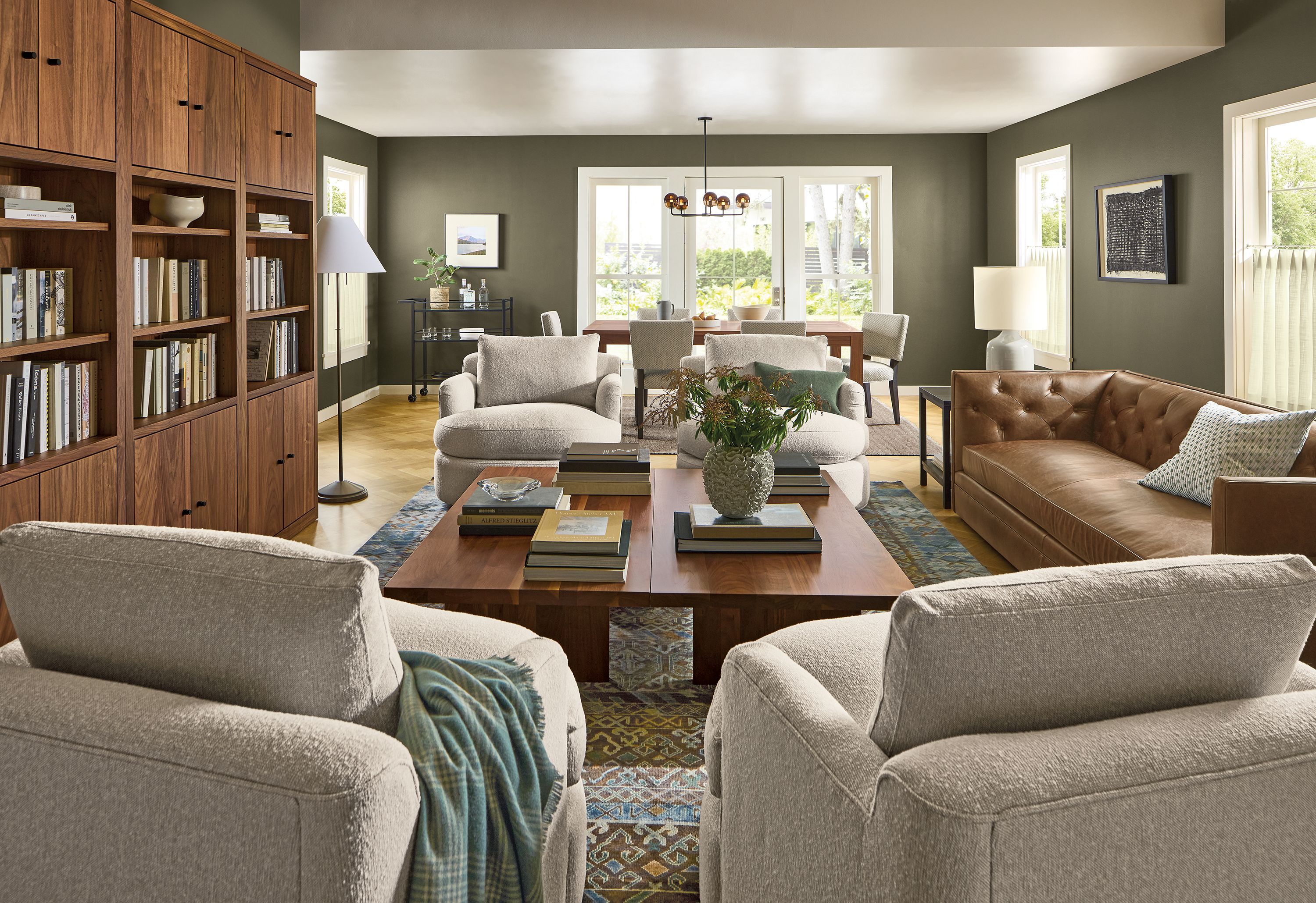 Large living room with Macalester sofa in Palermo Bourbon leather, and 4 Sonja swivel chairs.