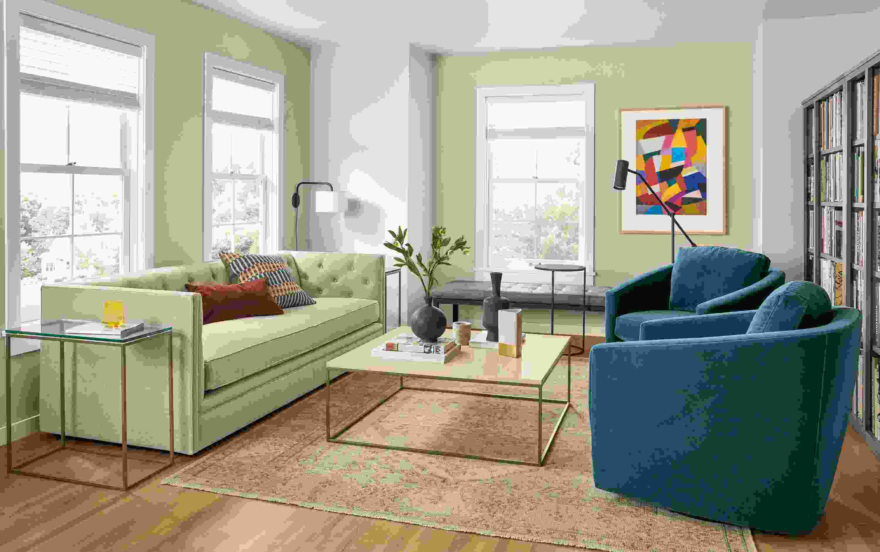 Macalester sofa in Sumner Linen, 2 Ford swivel chairs in Banks Lagoon Tyne coffee table in mineral.