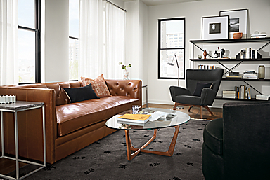 living room with macalester leather sofa and dunn coffee table in cherry.