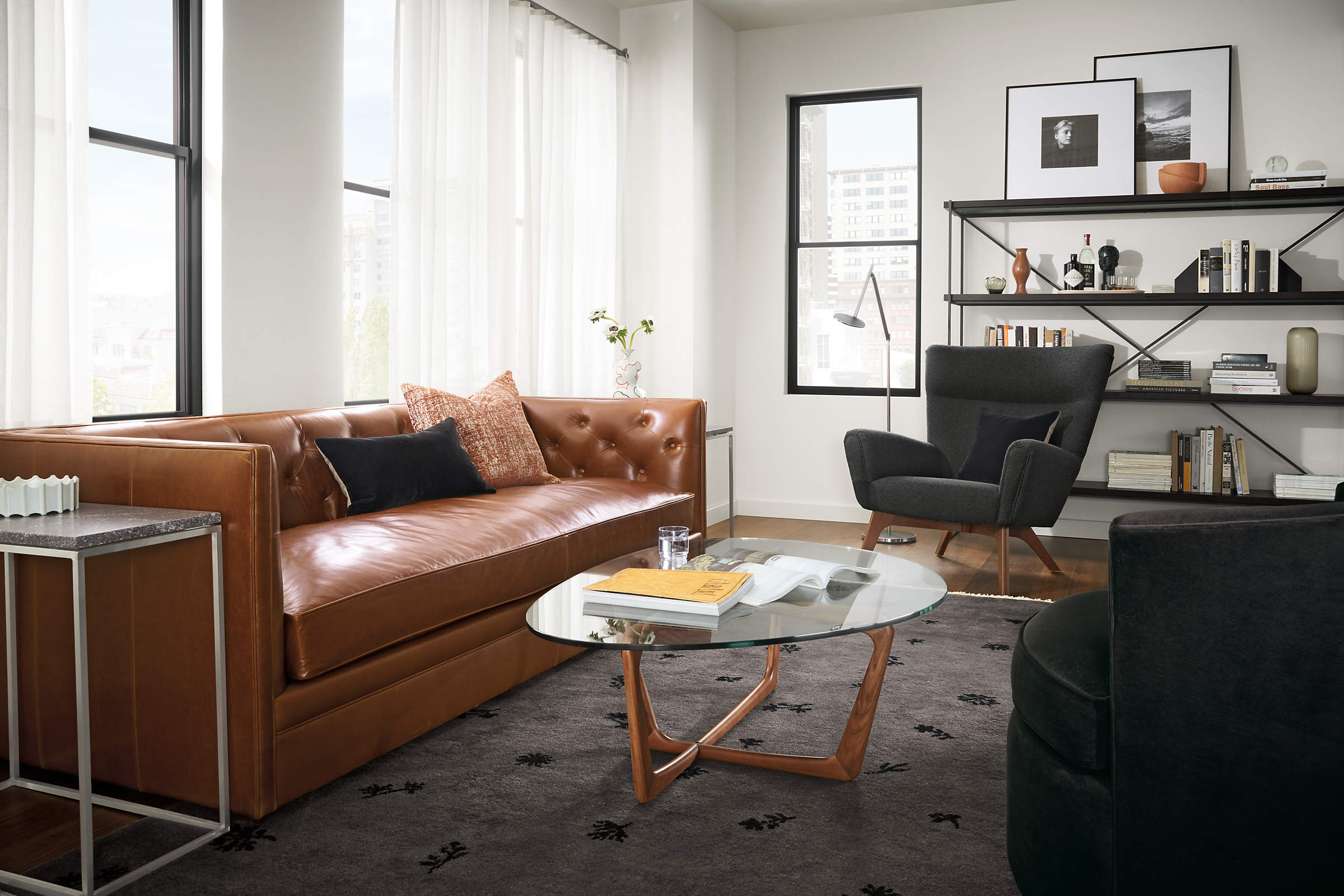 living room with macalester leather sofa and dunn coffee table in cherry.