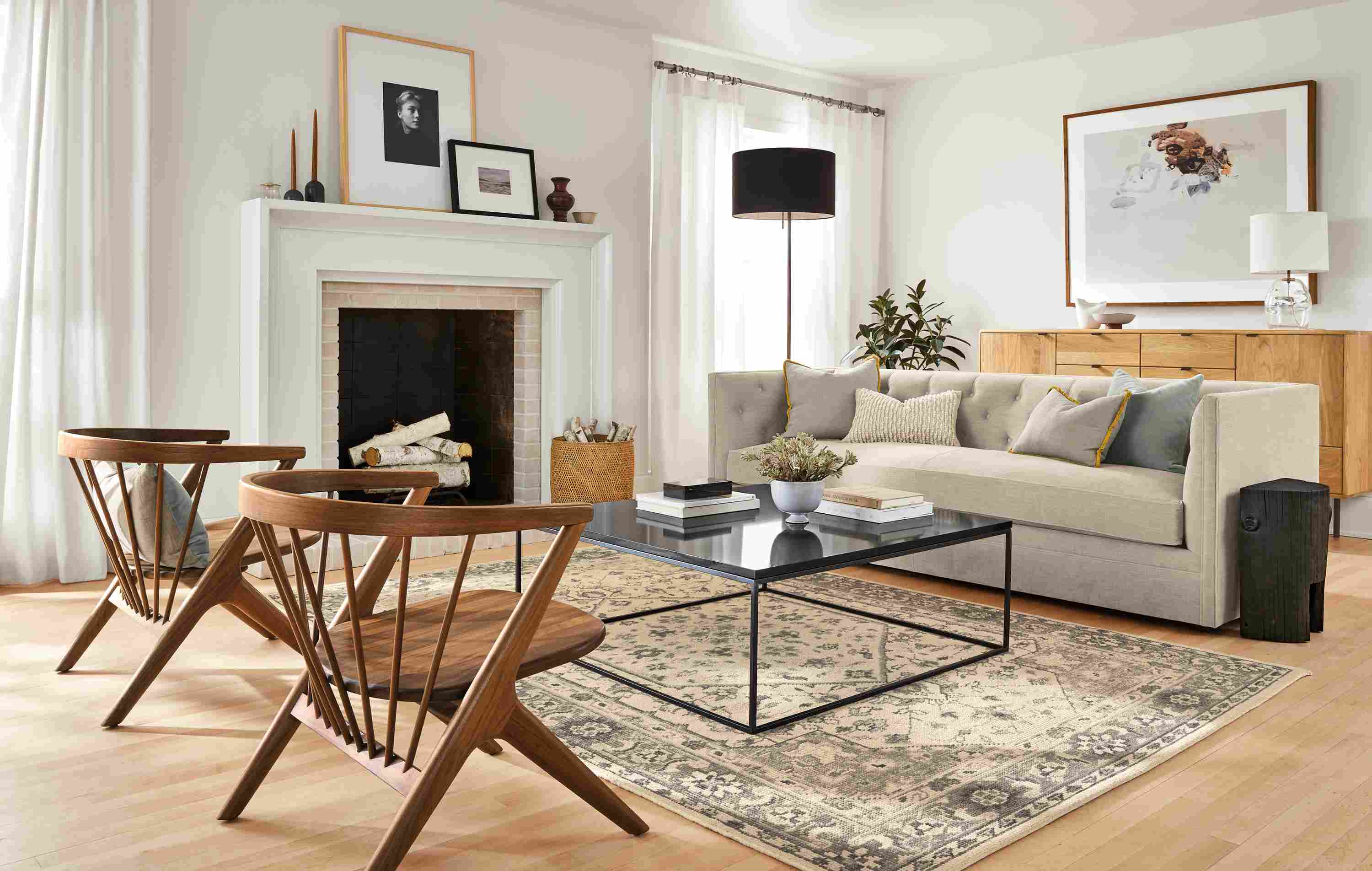 Living room with Macalaster sofa in Mori Oatmeal  and two Soren chairs in walnut and a Tyne coffee table.