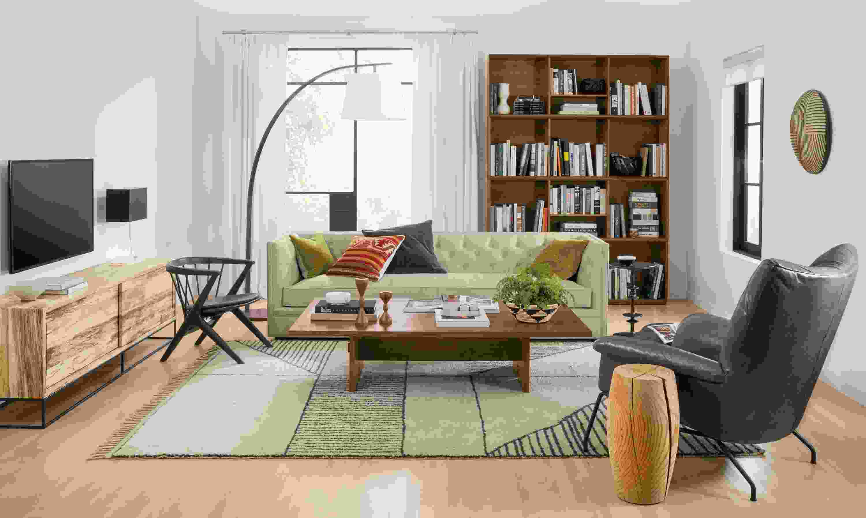 Living room with Macalester sofa in Sumner Linen, Paris chair and ottoman in Vento Smoke and streeter lamp in walnut.