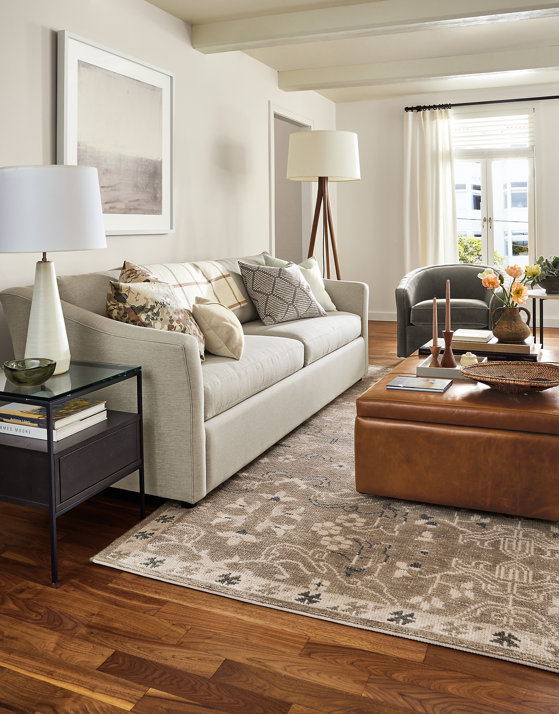 living room with maeve sofa, lind storage ottoman, ophelia rug.
