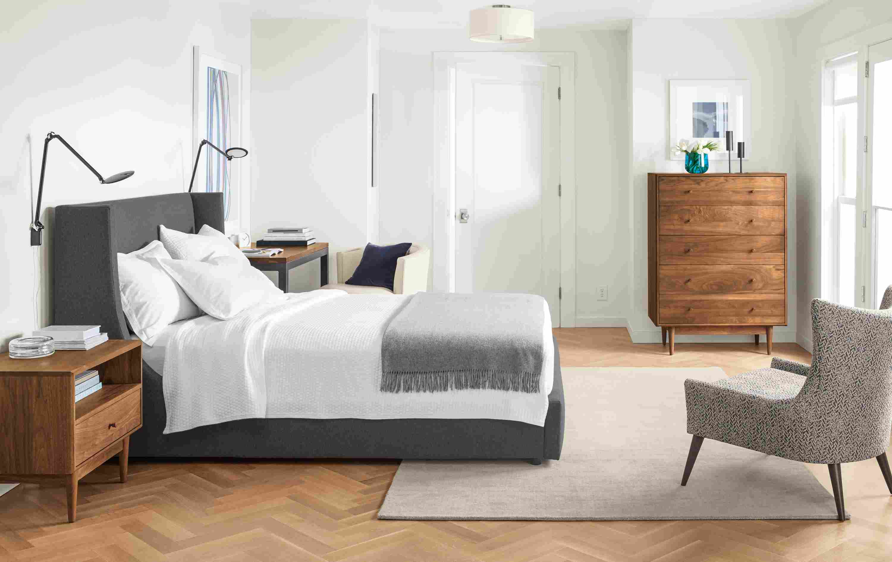 Bedroom with Marlo queen bed in Flint Charcoal and Grove dresser and nightstand in walnut.