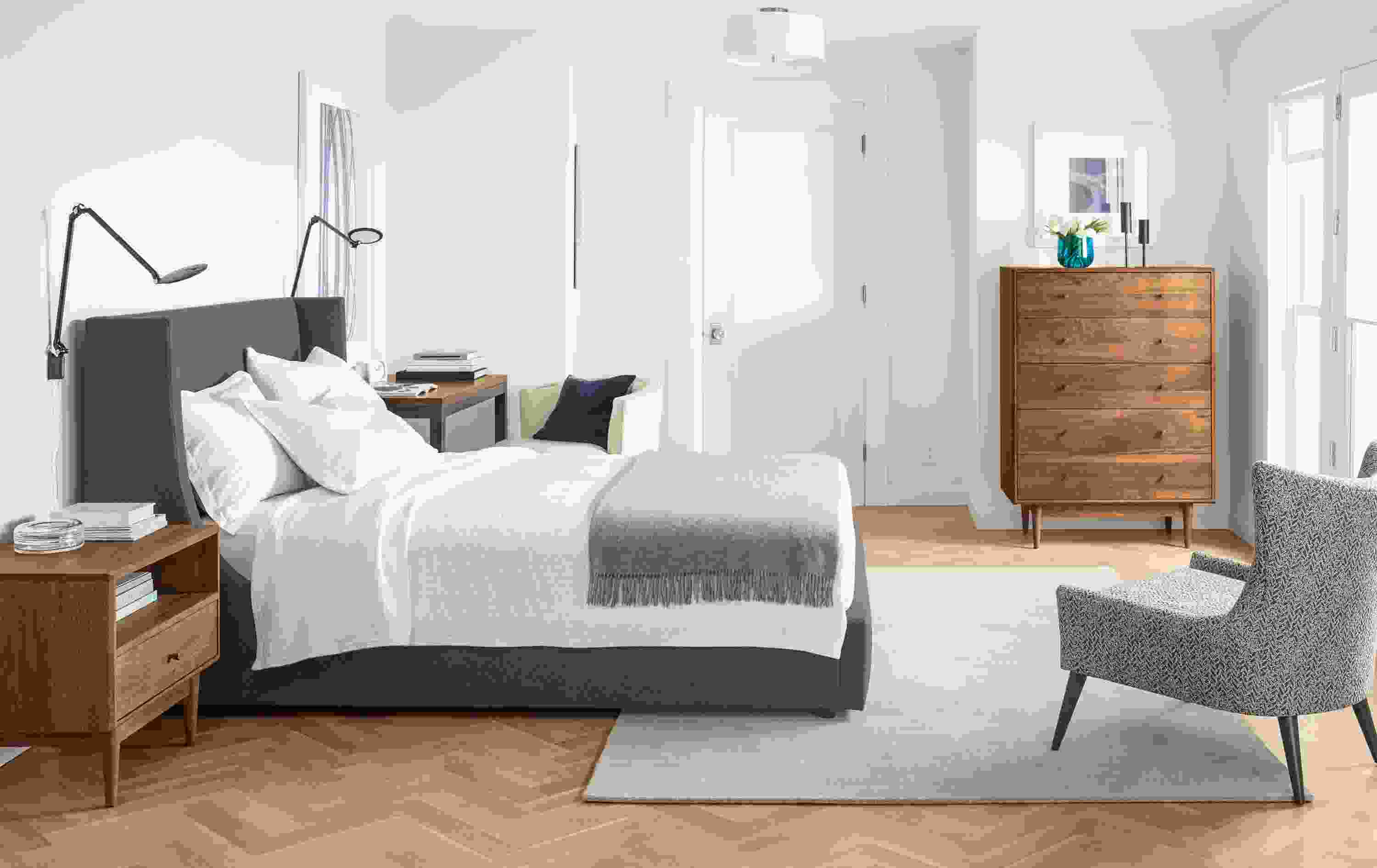 Bedroom with Marlo queen bed in Flint Charcoal and Grove dresser and nightstand in walnut.