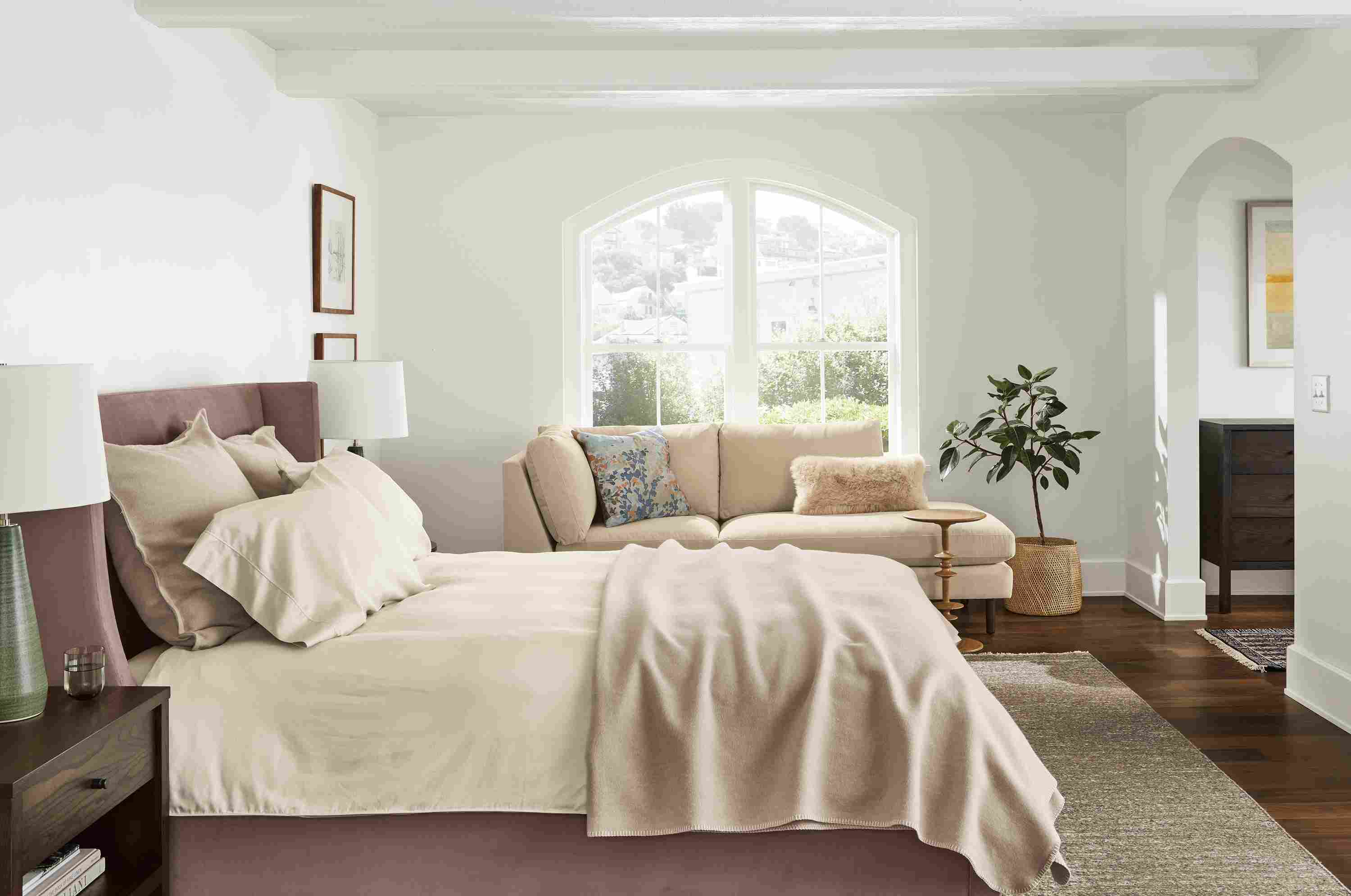 Bedroom with Marlo queen bed in View Amethyst, Emerson nightstand in charcoal on ash and Parks end table.