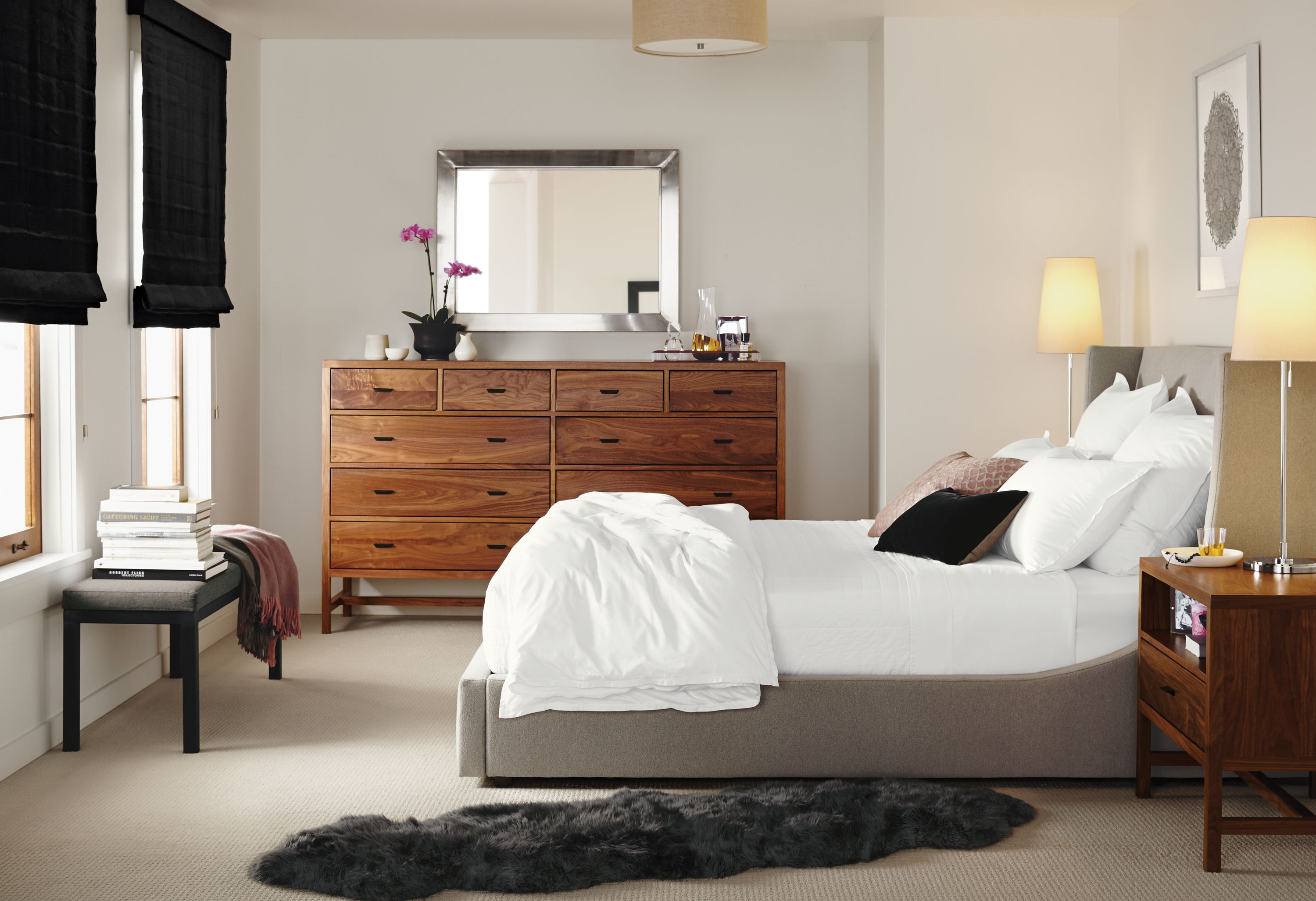 Bedroom with Berkeley dresser in walnut.