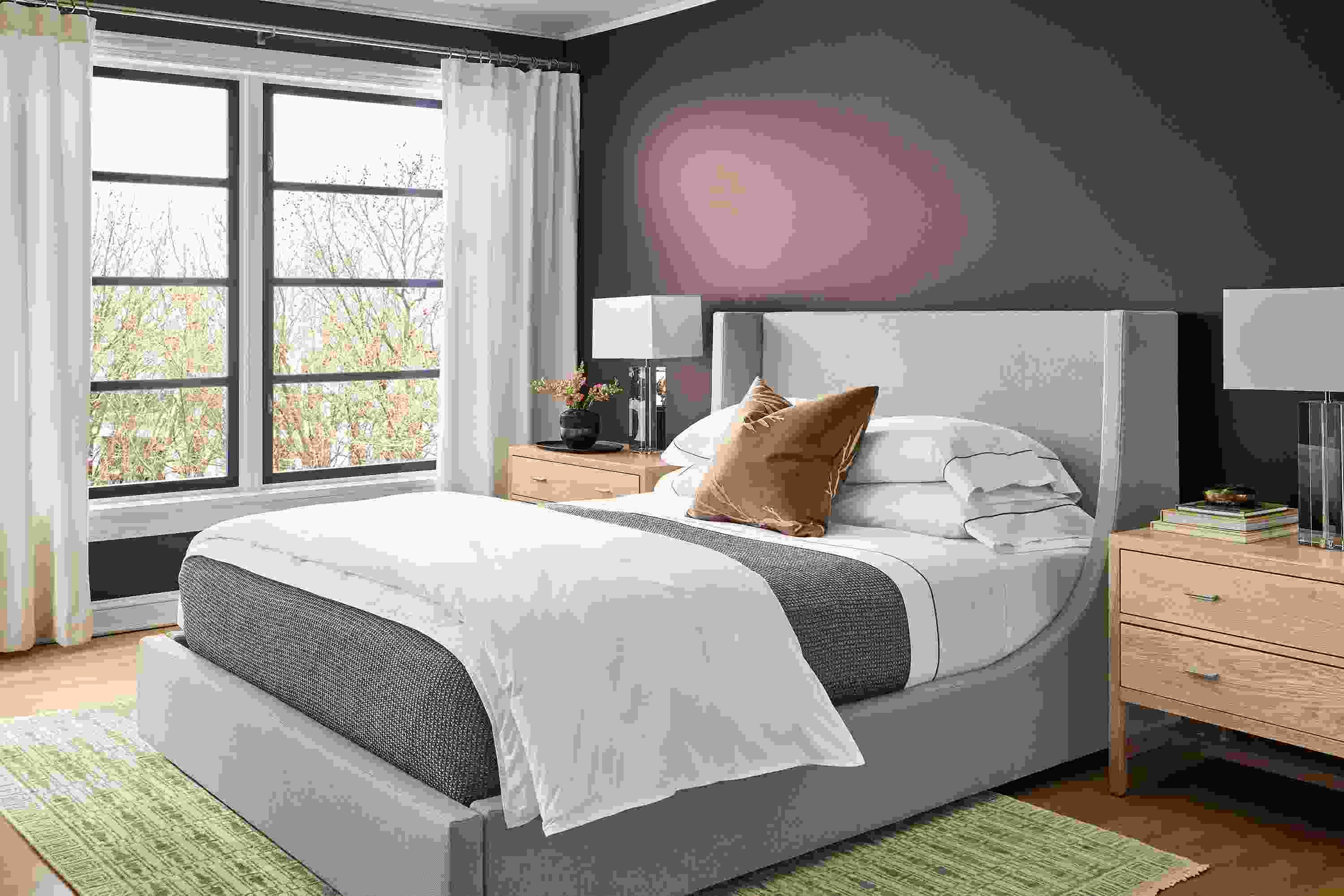 Bedroom with Marlo queen storage bed in Landen Asphalt and 2 Berkeley nightstands in salt on red oak.