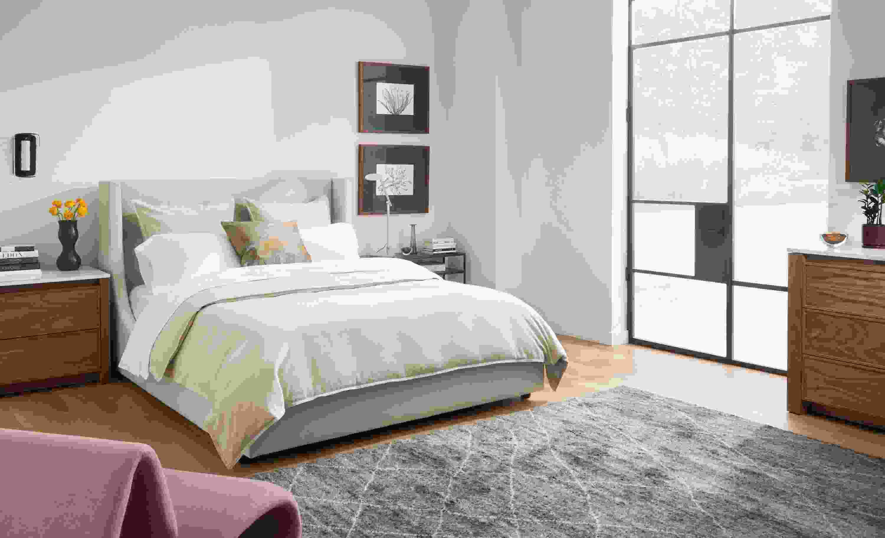 Bedroom including Marlo queen bed, Kalindi rug, Amherst dresser & nightstand.