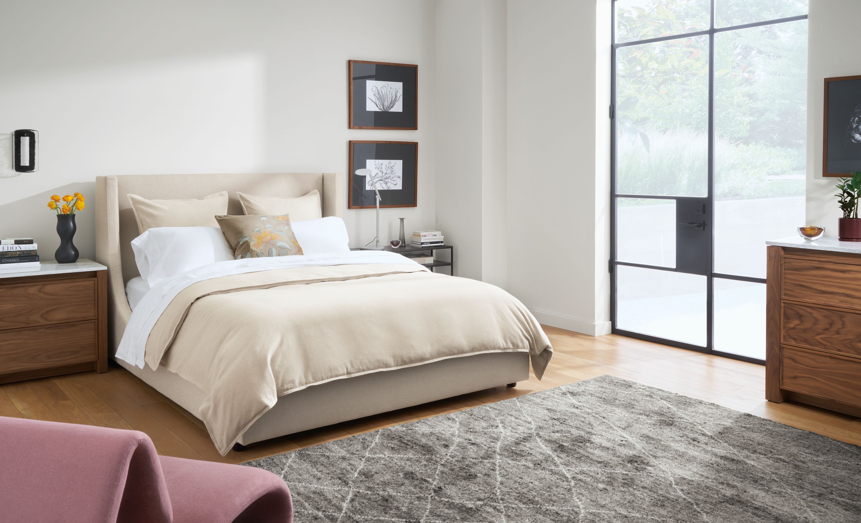 bedroom including marlo queen bed, kalindi rug, amherst dresser & nightstand.