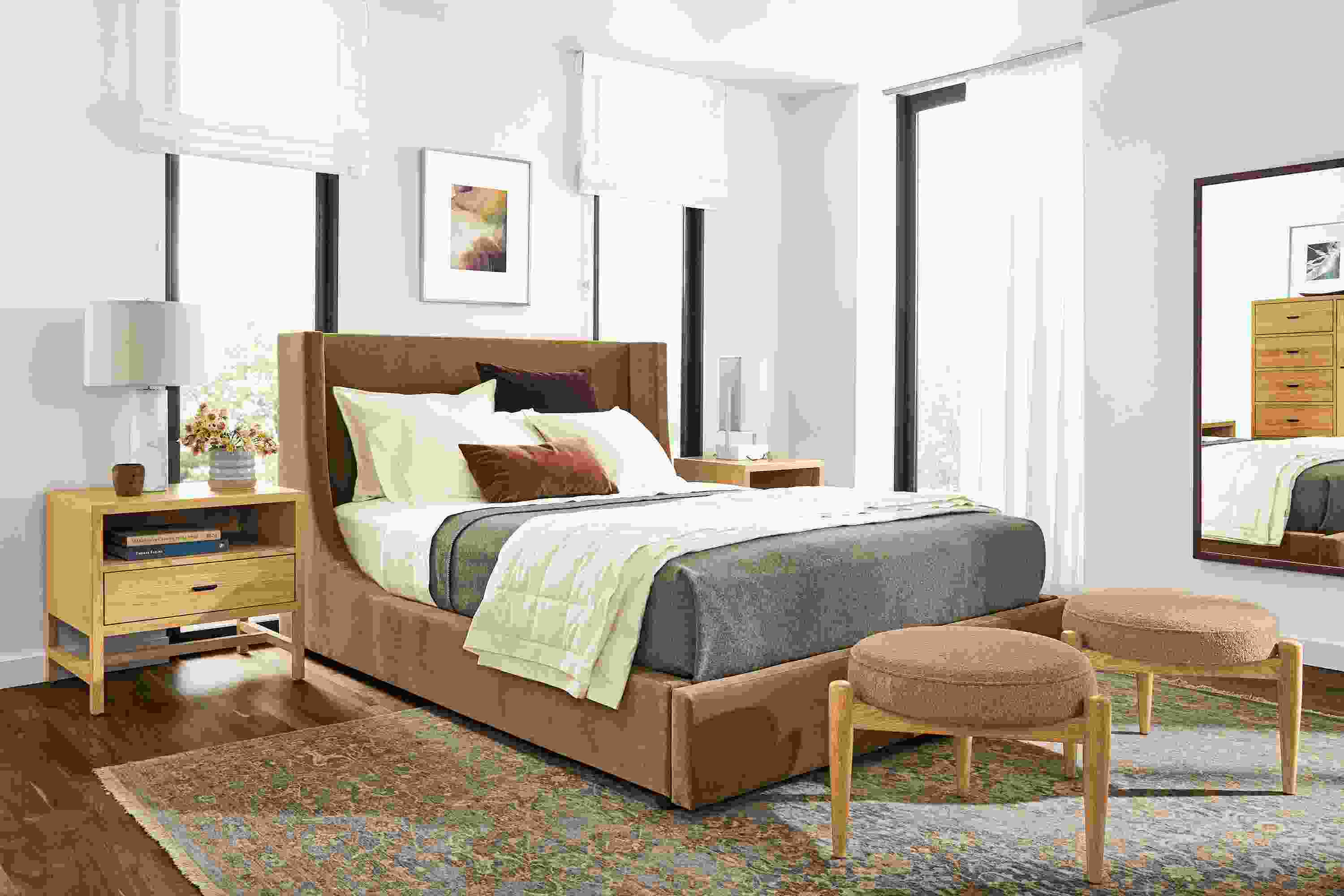 Bedroom with Marlo queen storage bed in Banks Camel,  Berkeley nightstands in white oak and Vesuvio rug in grey/coral.