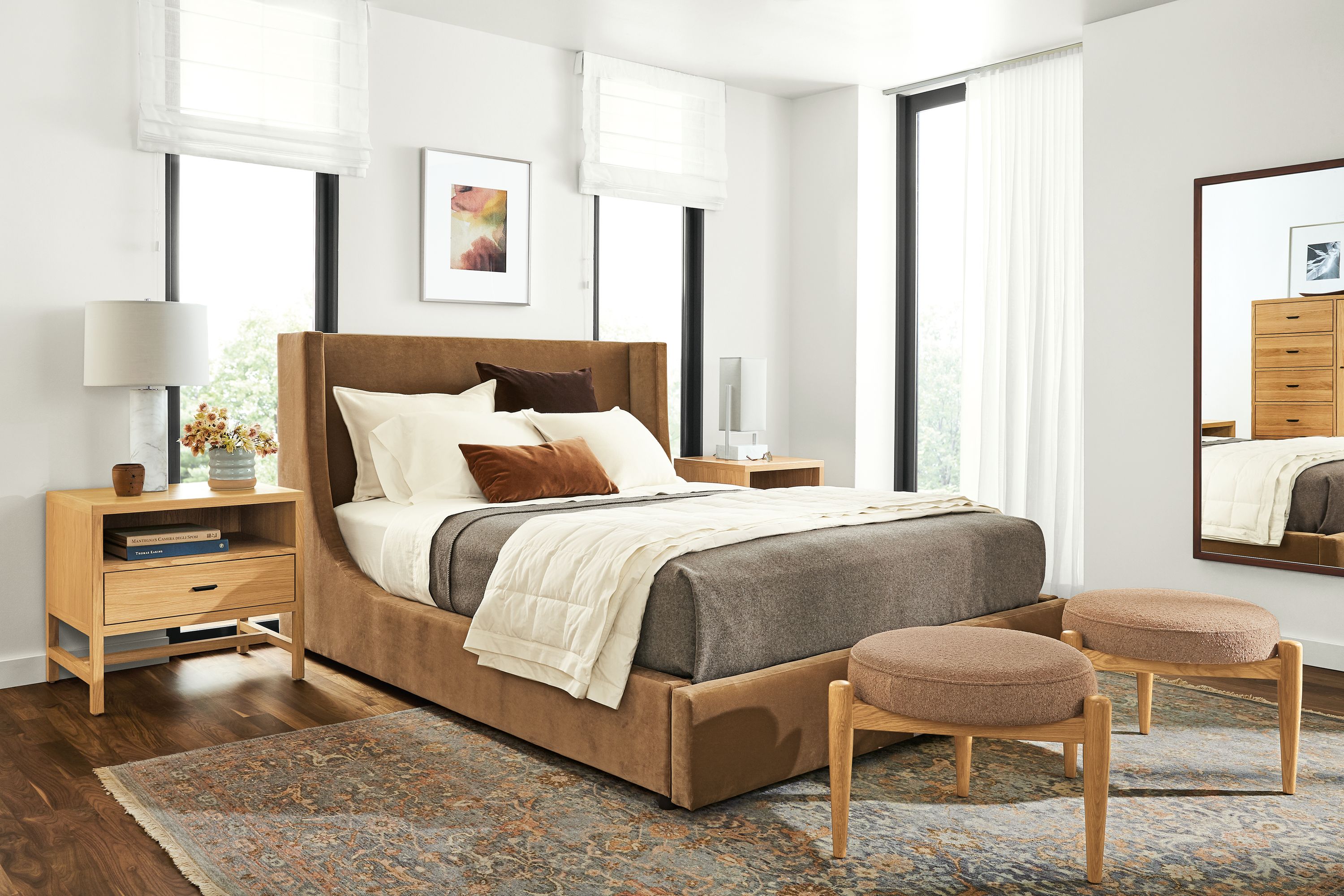 Detail of Marlo queen storage bed in Banks Camel fabric in bedroom.