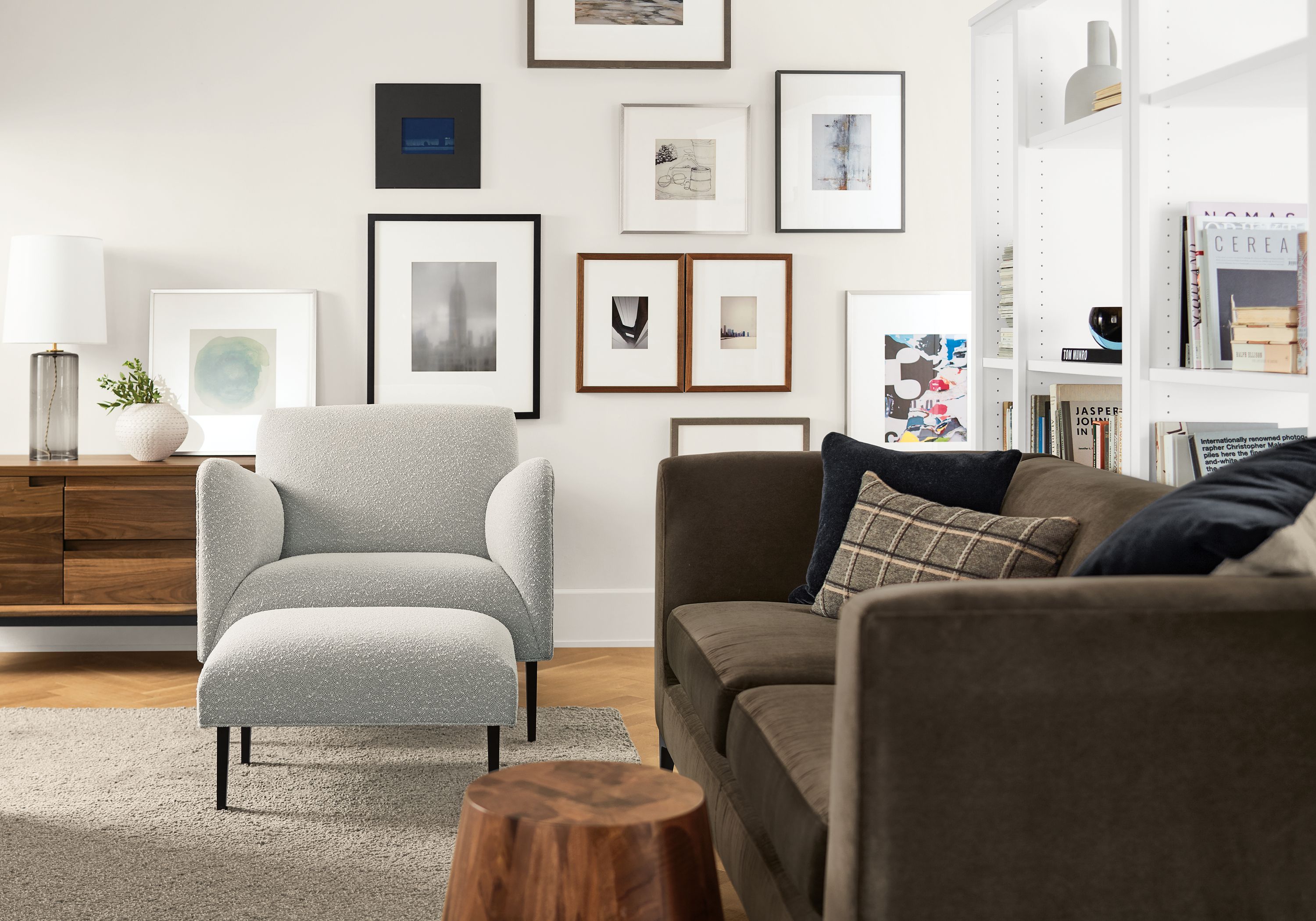 Detail of Matteo chair in declan salt fabric in living room.