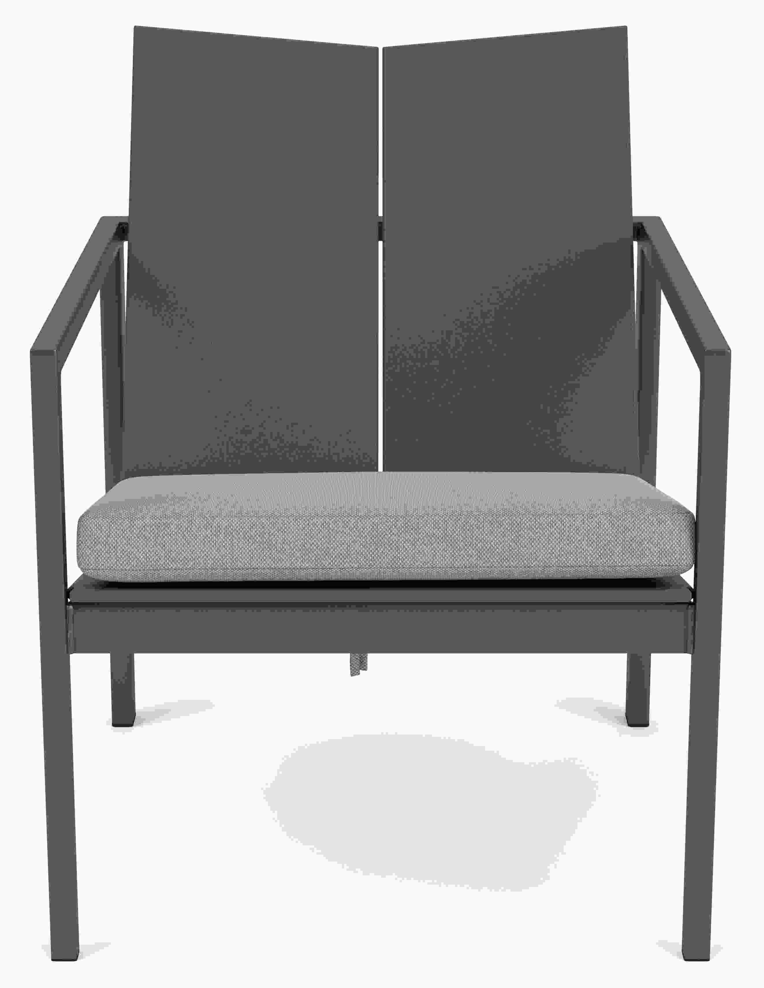 Front view of Mattix Lounge Chair in grey with graphite frame and cushion in Pelham Grey Fabric.