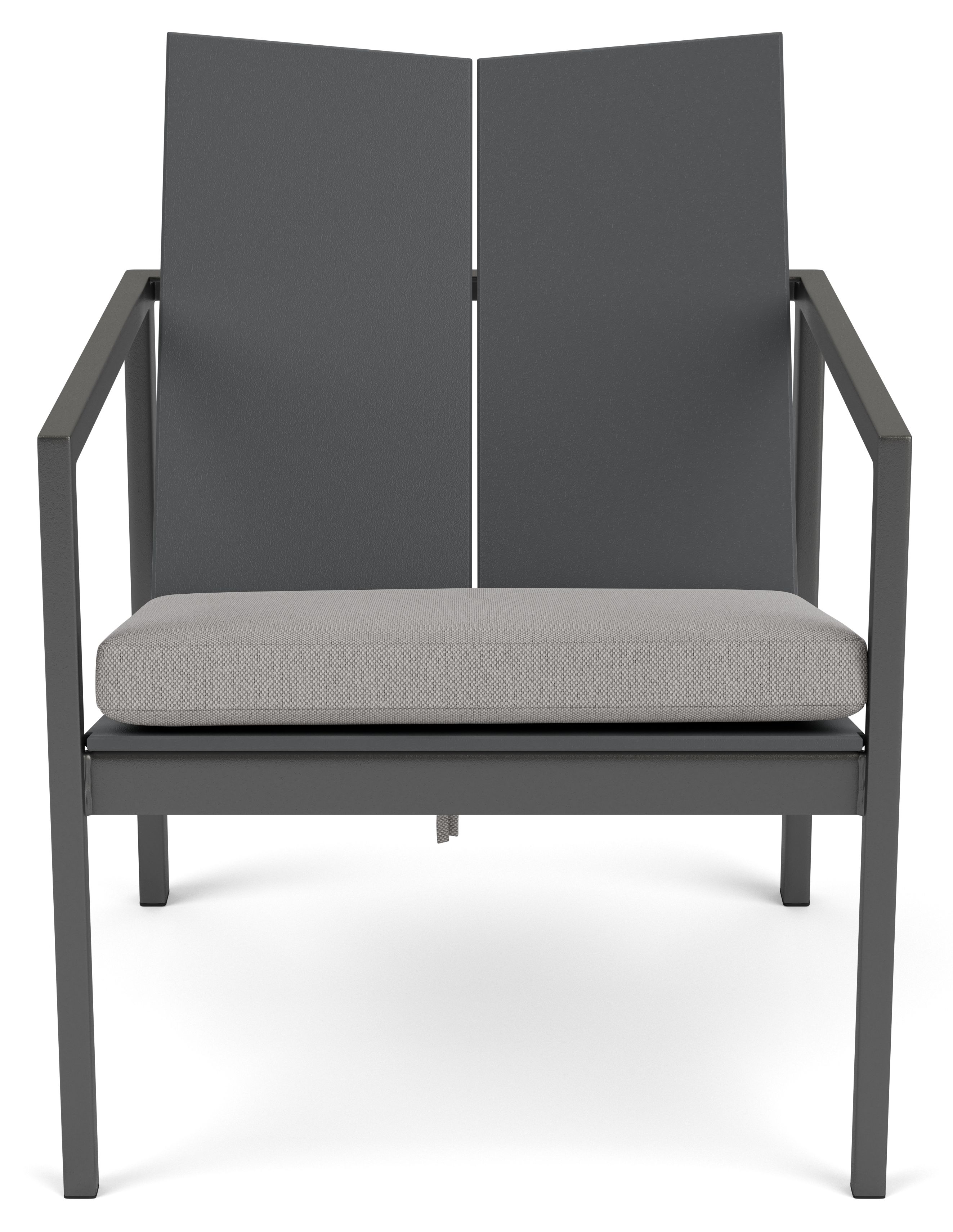Front view of Mattix Lounge Chair in grey with graphite frame and cushion in Pelham Grey Fabric.