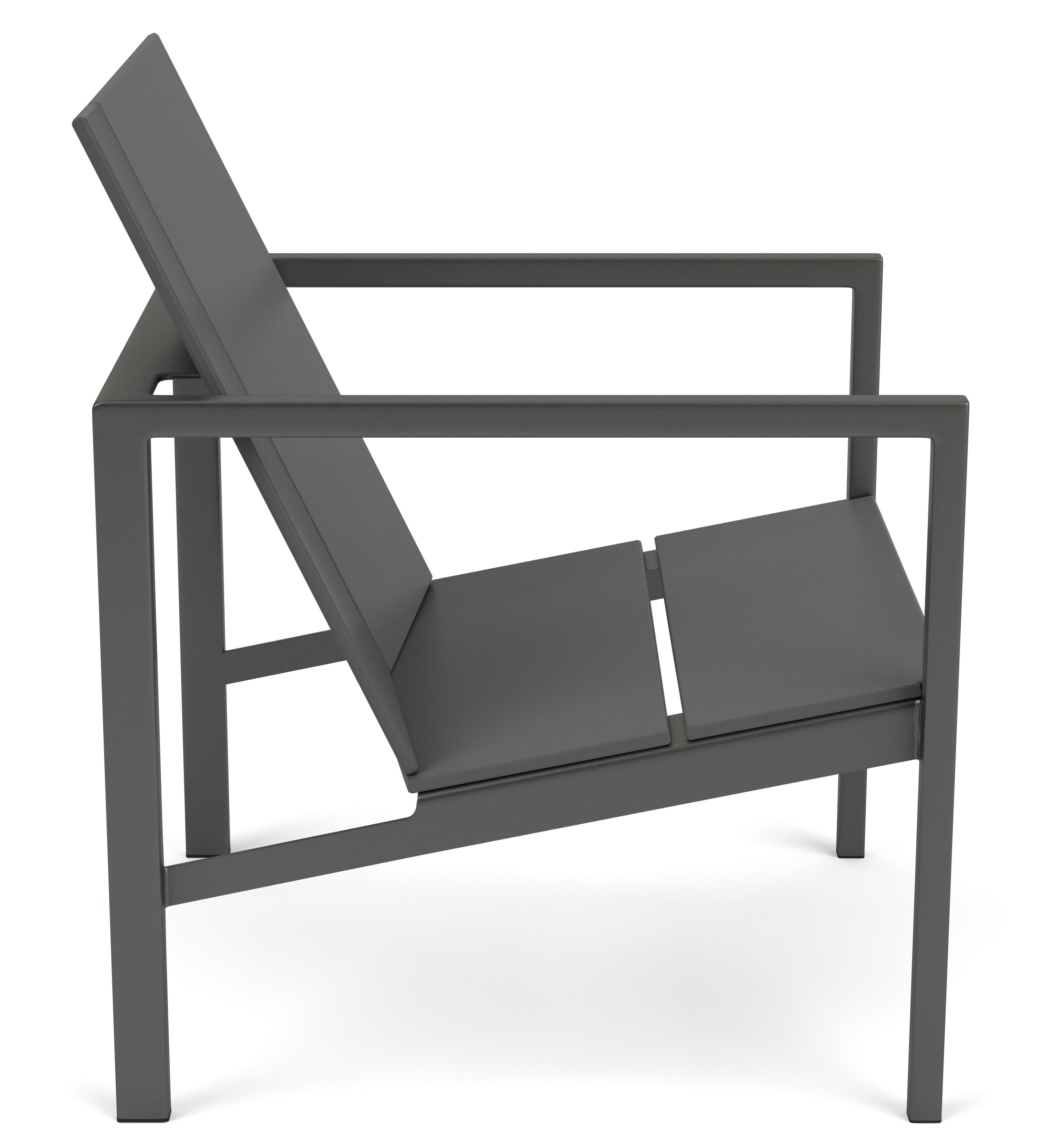 Side view of Mattix Lounge Chair in with Graphite frame and cushion in Pelham smoke fabric.
