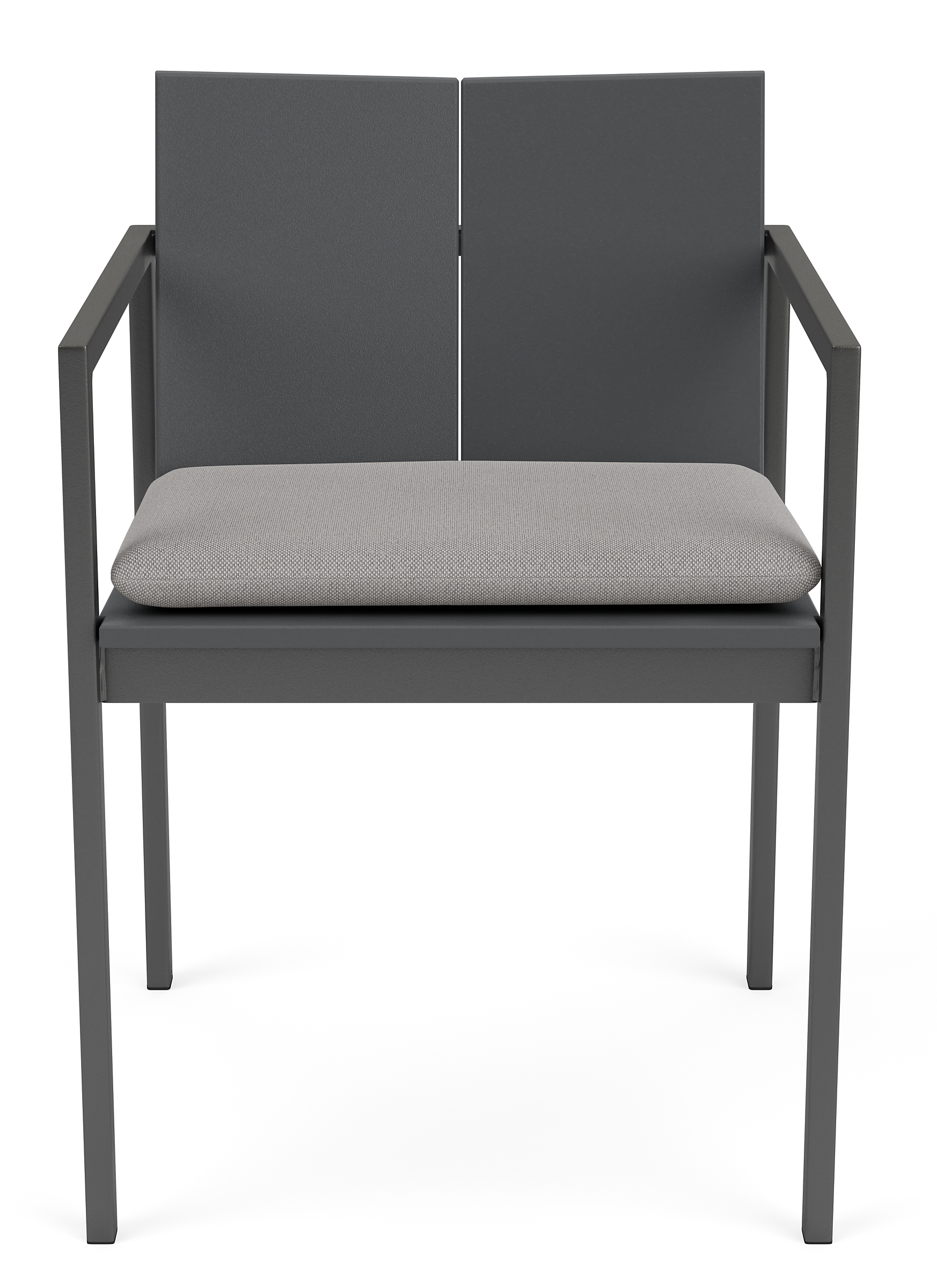 Front view of Mattix Arm Chair in Grey HDPE with Pelham Grey Cushion.