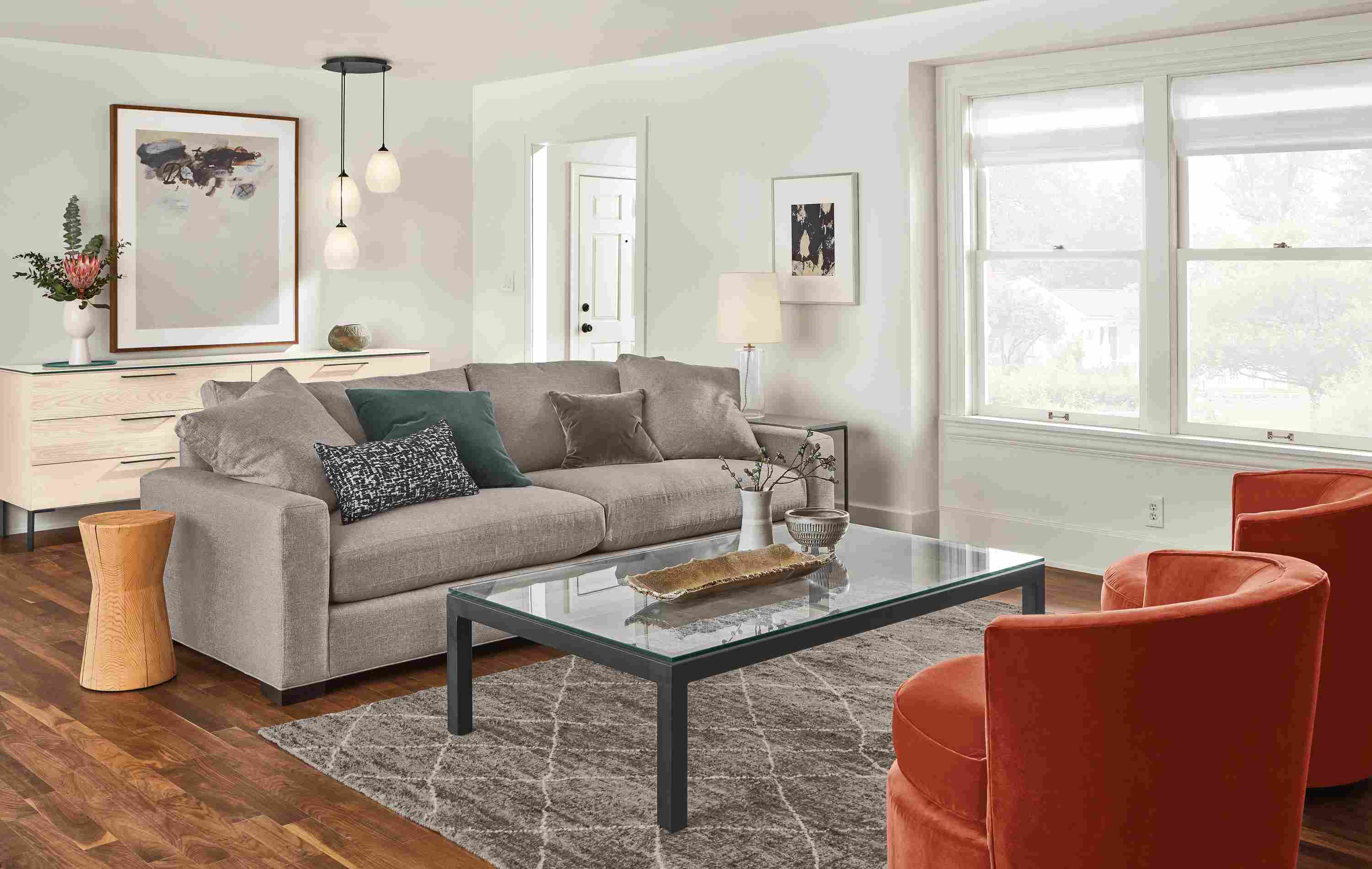 Detail of Mayer sofa in cement fabric.