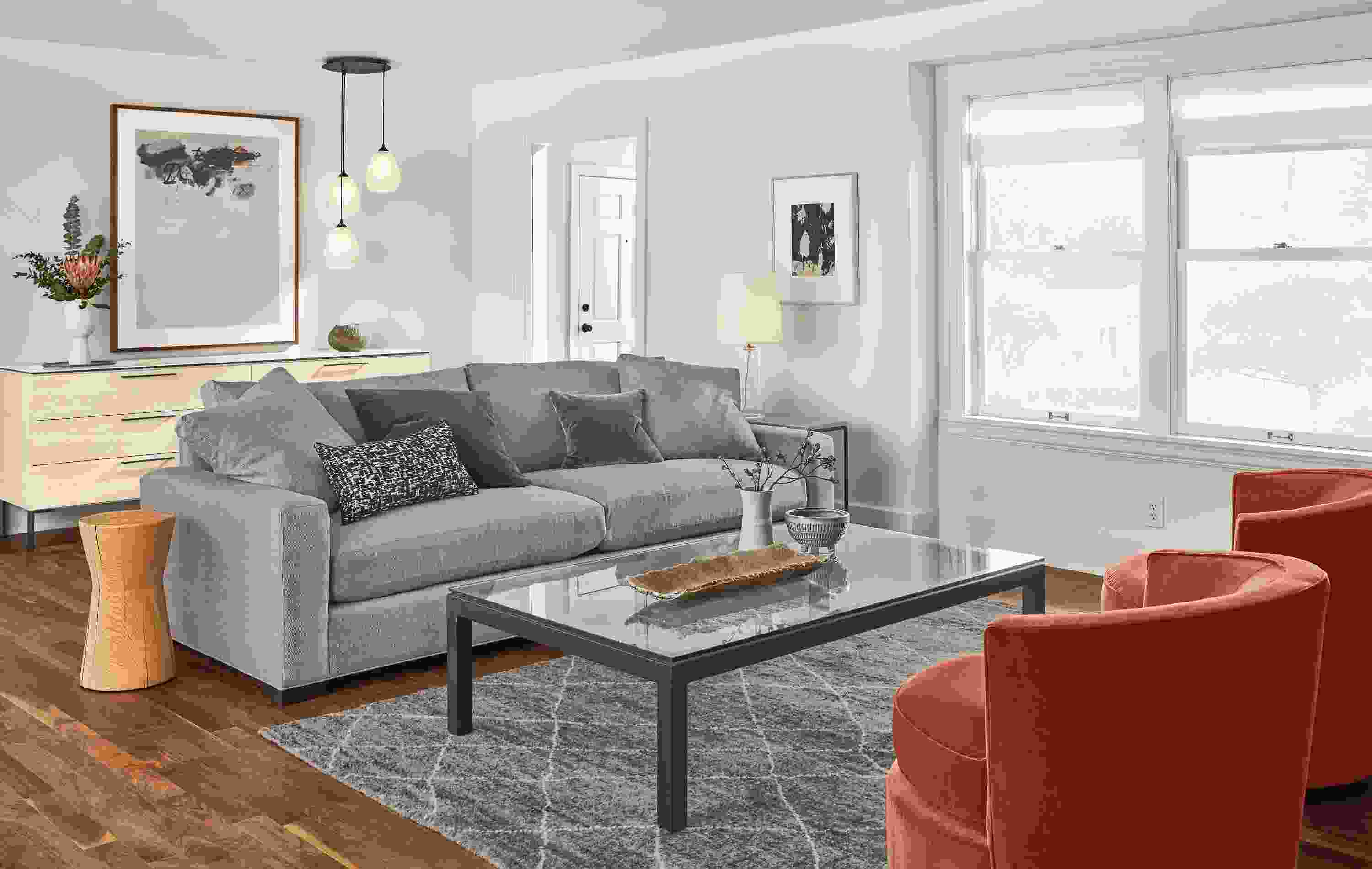 Detail of Mayer sofa in cement fabric.