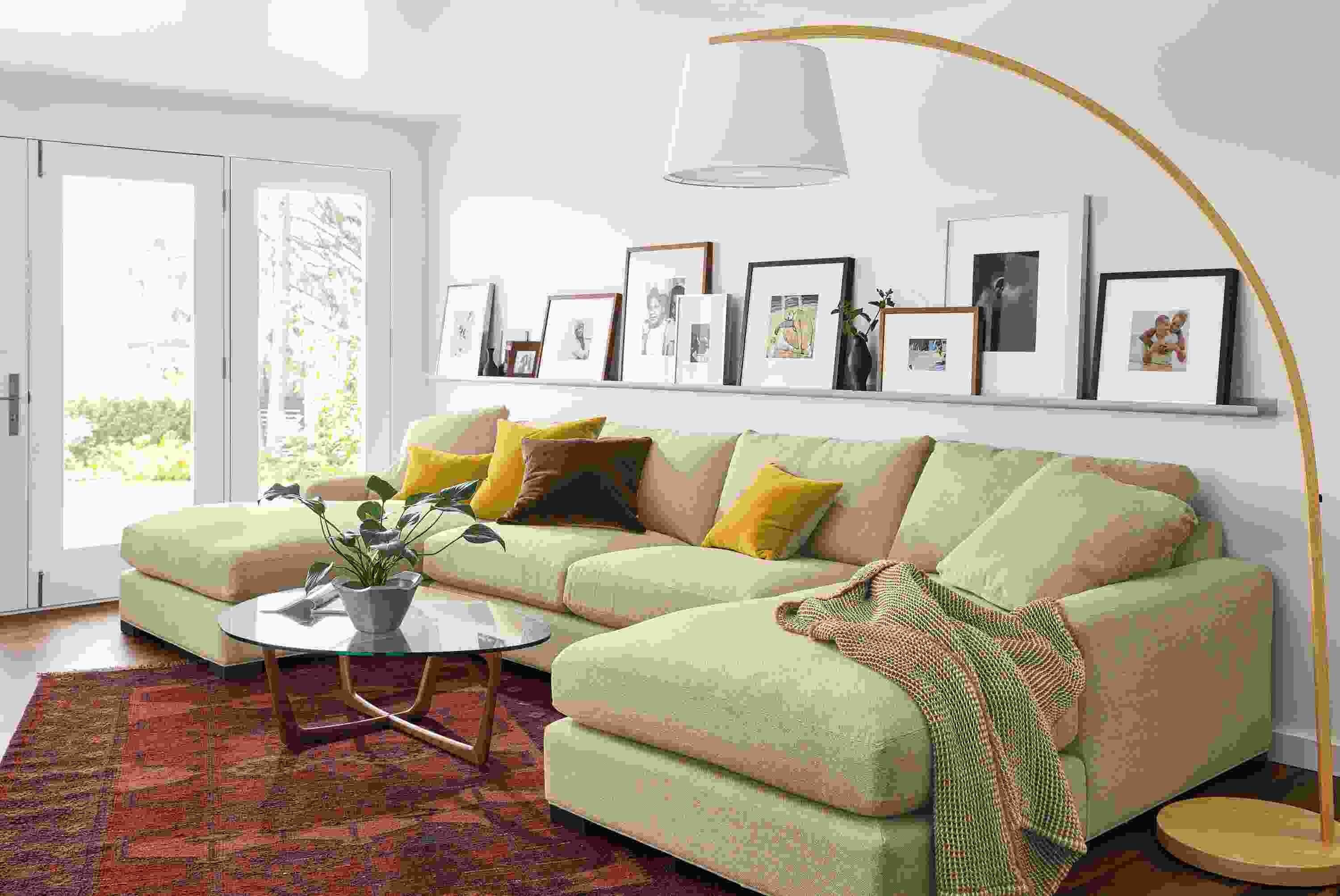 Detail of Mayer U-shaped sectional in Tatum Oatmeal fabric in living room.