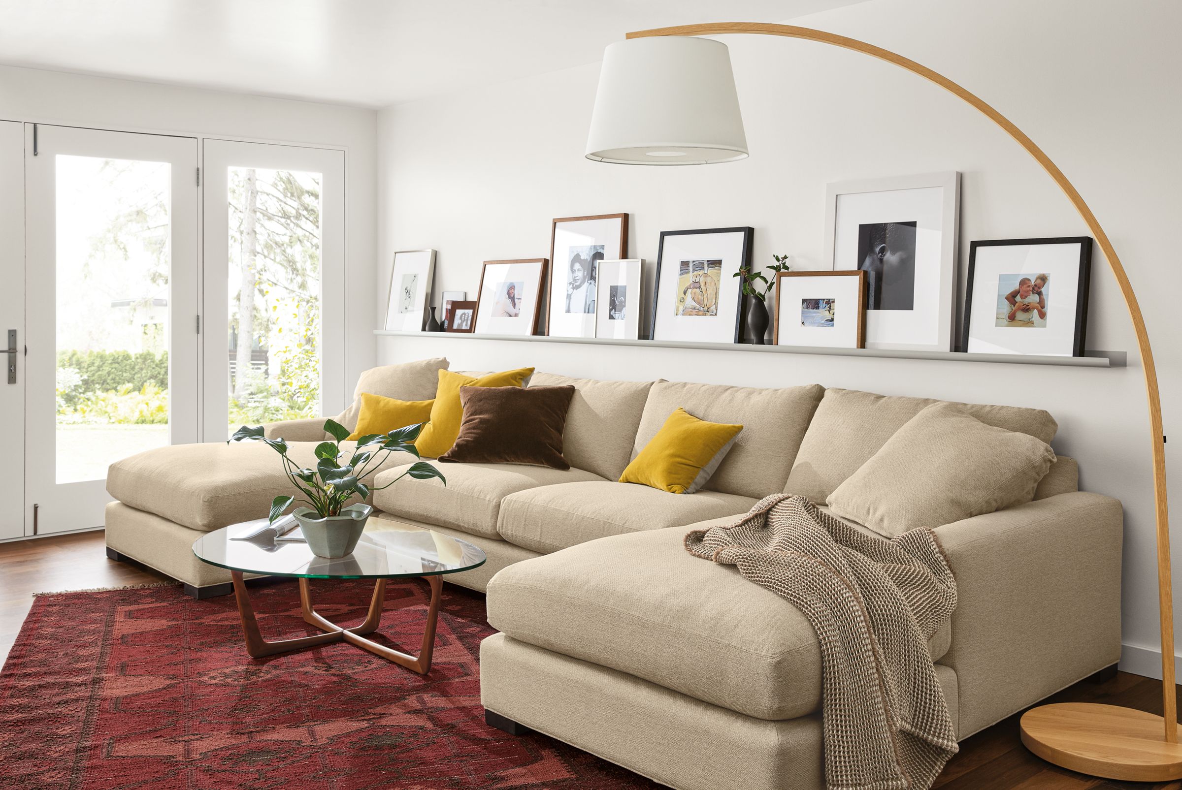 Detail of Mayer U-shaped sectional in Tatum Oatmeal fabric in living room.