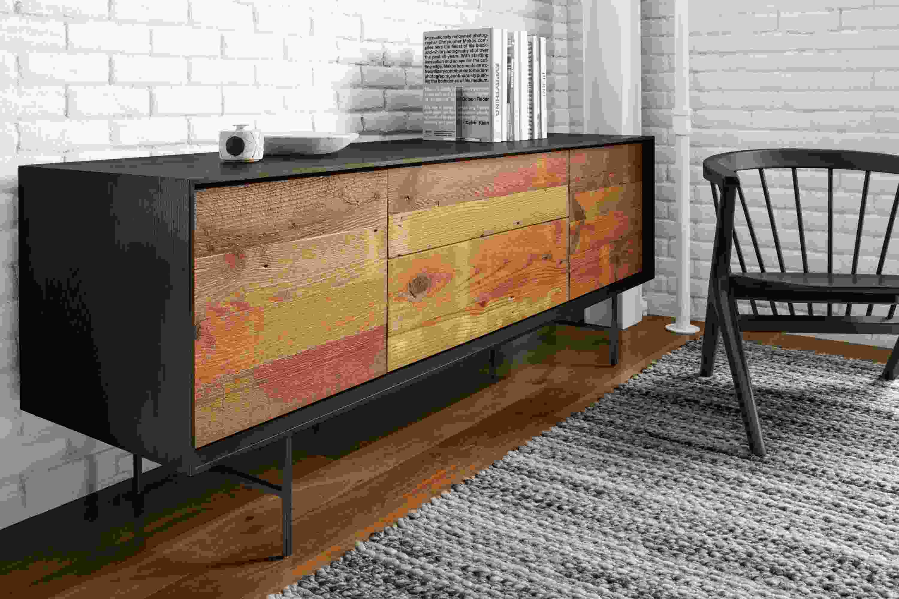 Side detail of McKean reclaimed wood cabinet.