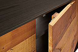 Detail of McKean 72-wide Reclaimed Wood Media Cabinet in Charcoal with Reclaimed Pine.