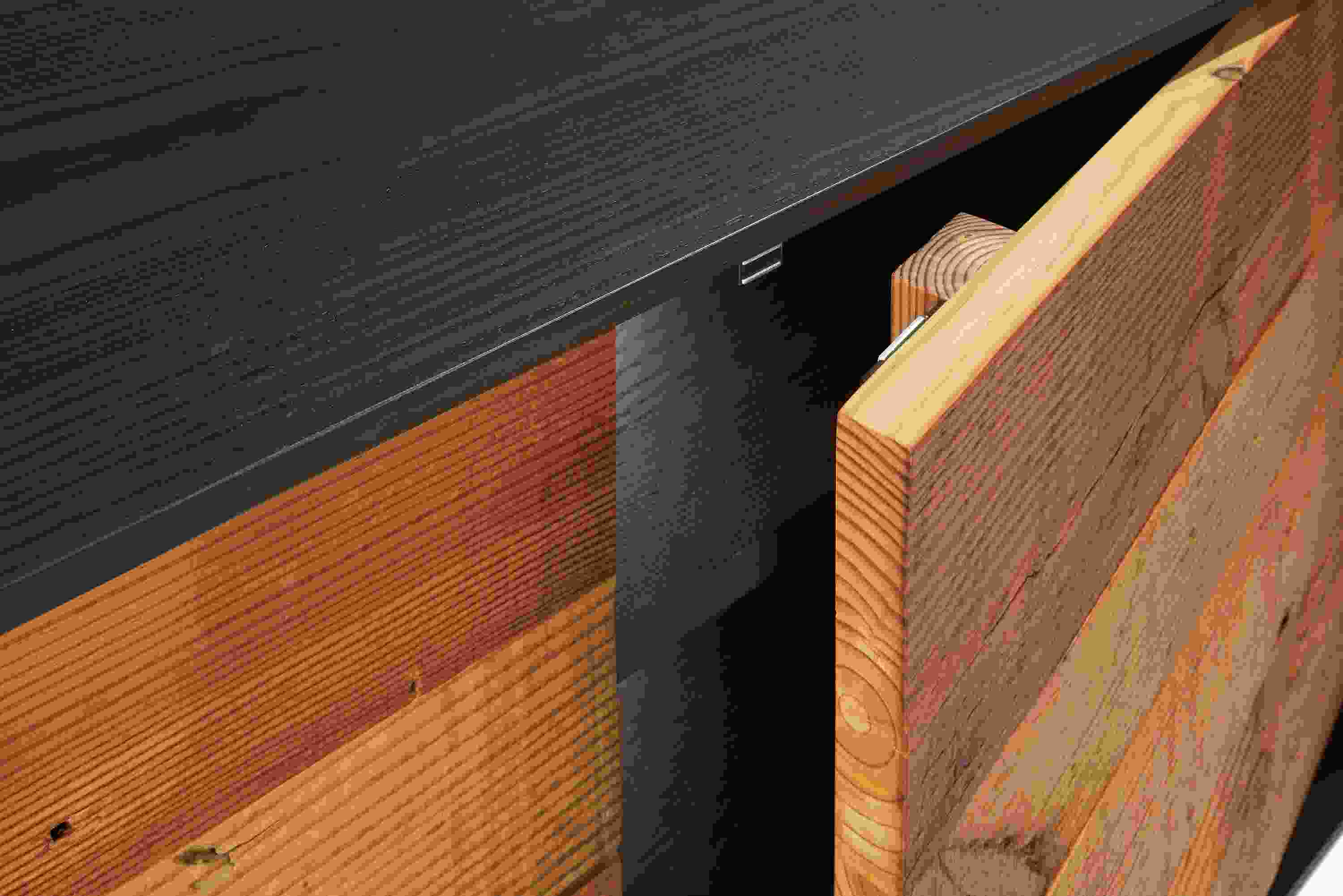 Detail of McKean 72-wide Reclaimed Wood Media Cabinet in Charcoal with Reclaimed Pine.