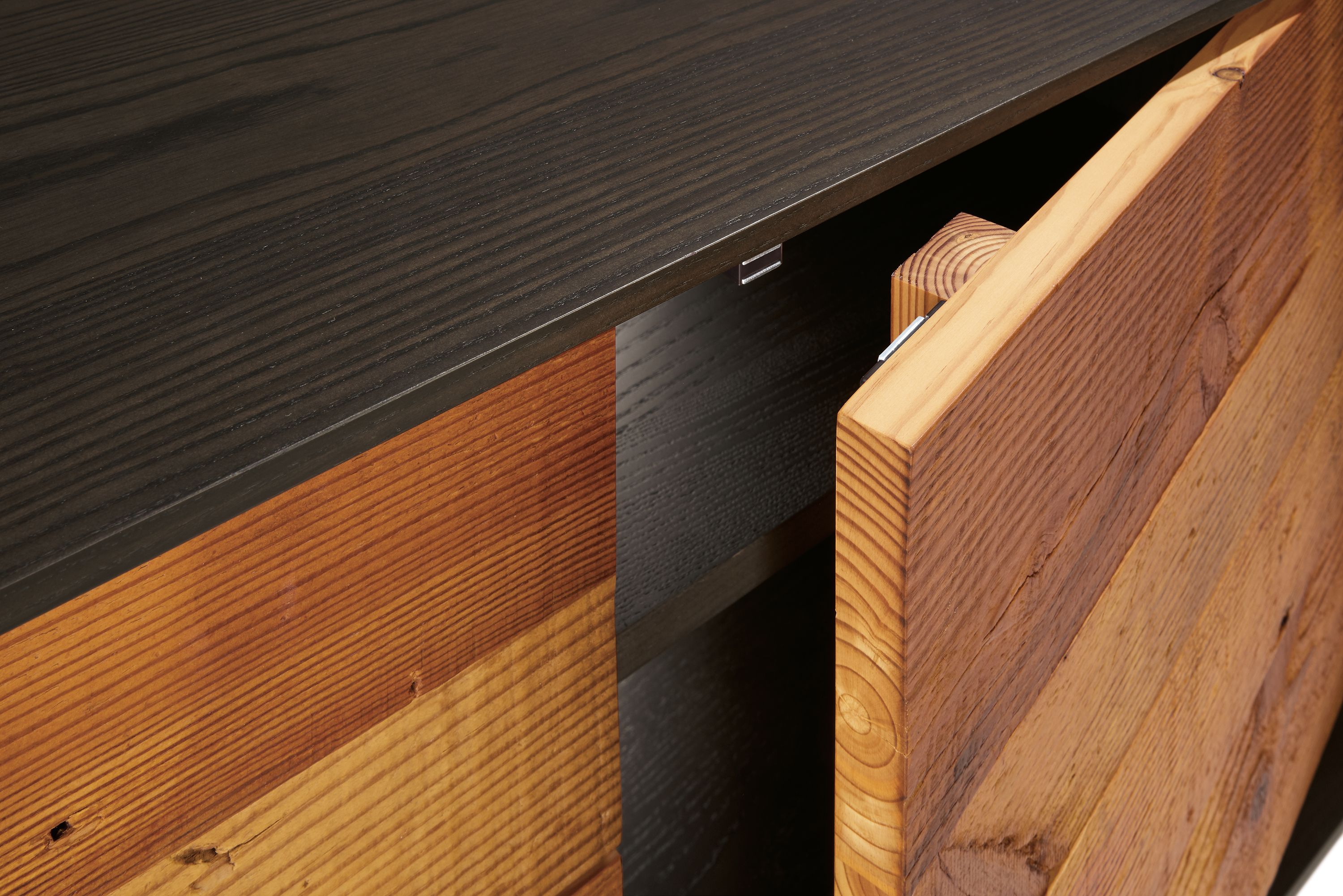 Detail of McKean 72-wide Reclaimed Wood Media Cabinet in Charcoal with Reclaimed Pine.