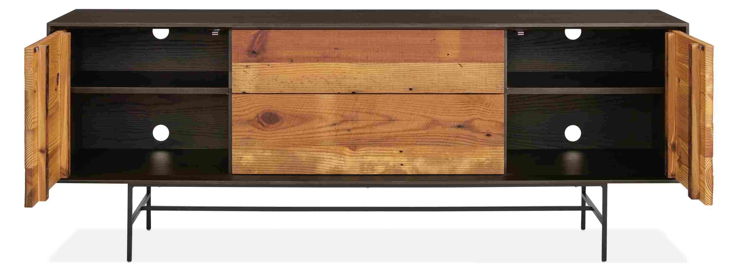 Open detail of McKean 72w 20d 27h Reclaimed Wood Media Cabinet.