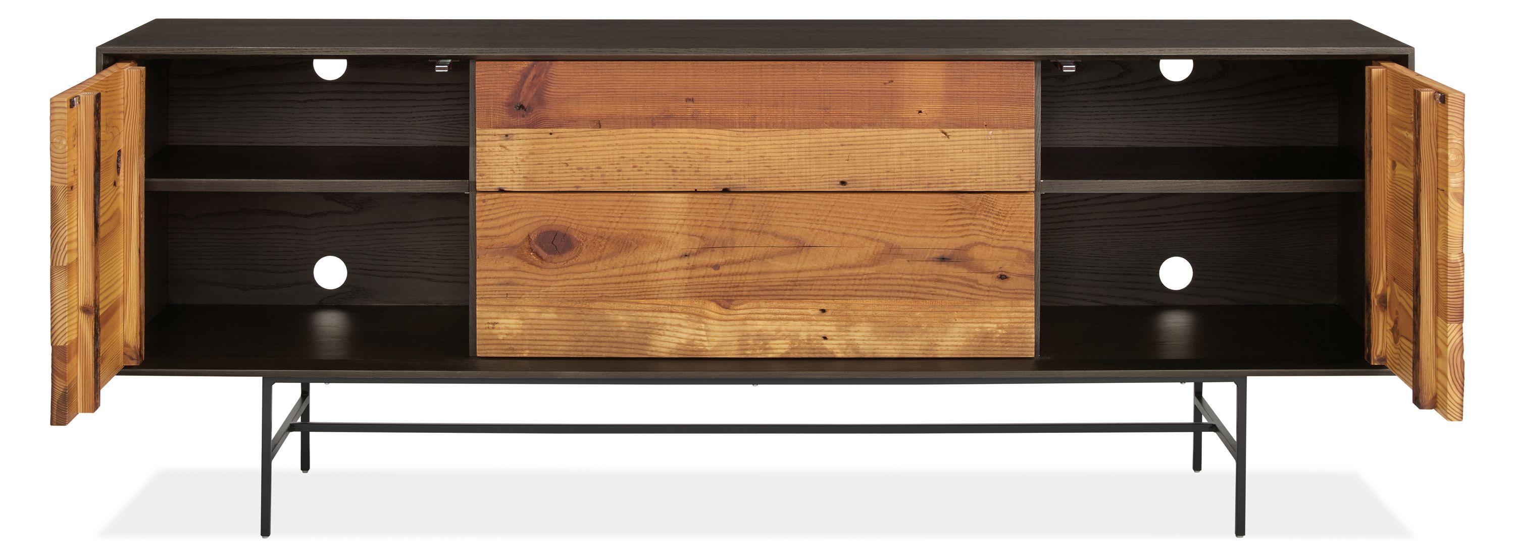Open detail of McKean 72w 20d 27h Reclaimed Wood Media Cabinet.