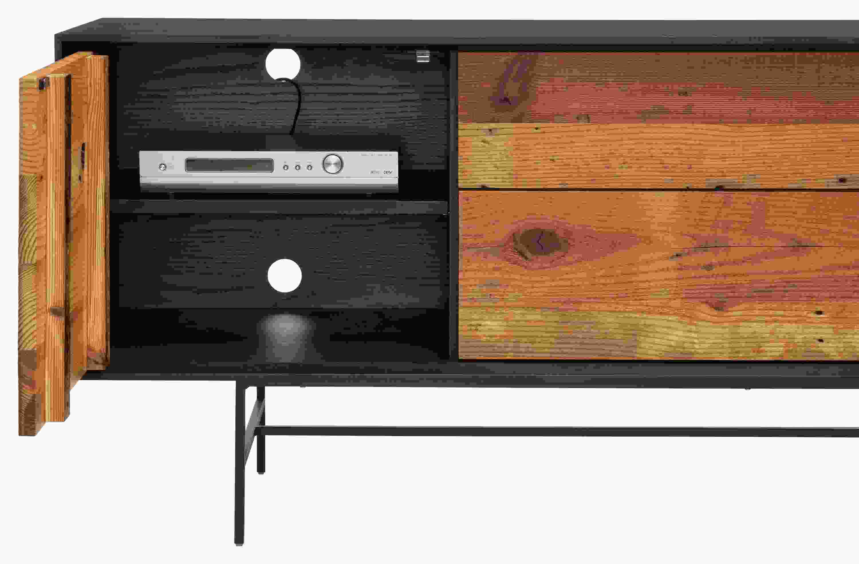 Detail of McKean 72-wide Reclaimed Wood Media Cabinet in Charcoal with Reclaimed Pine.