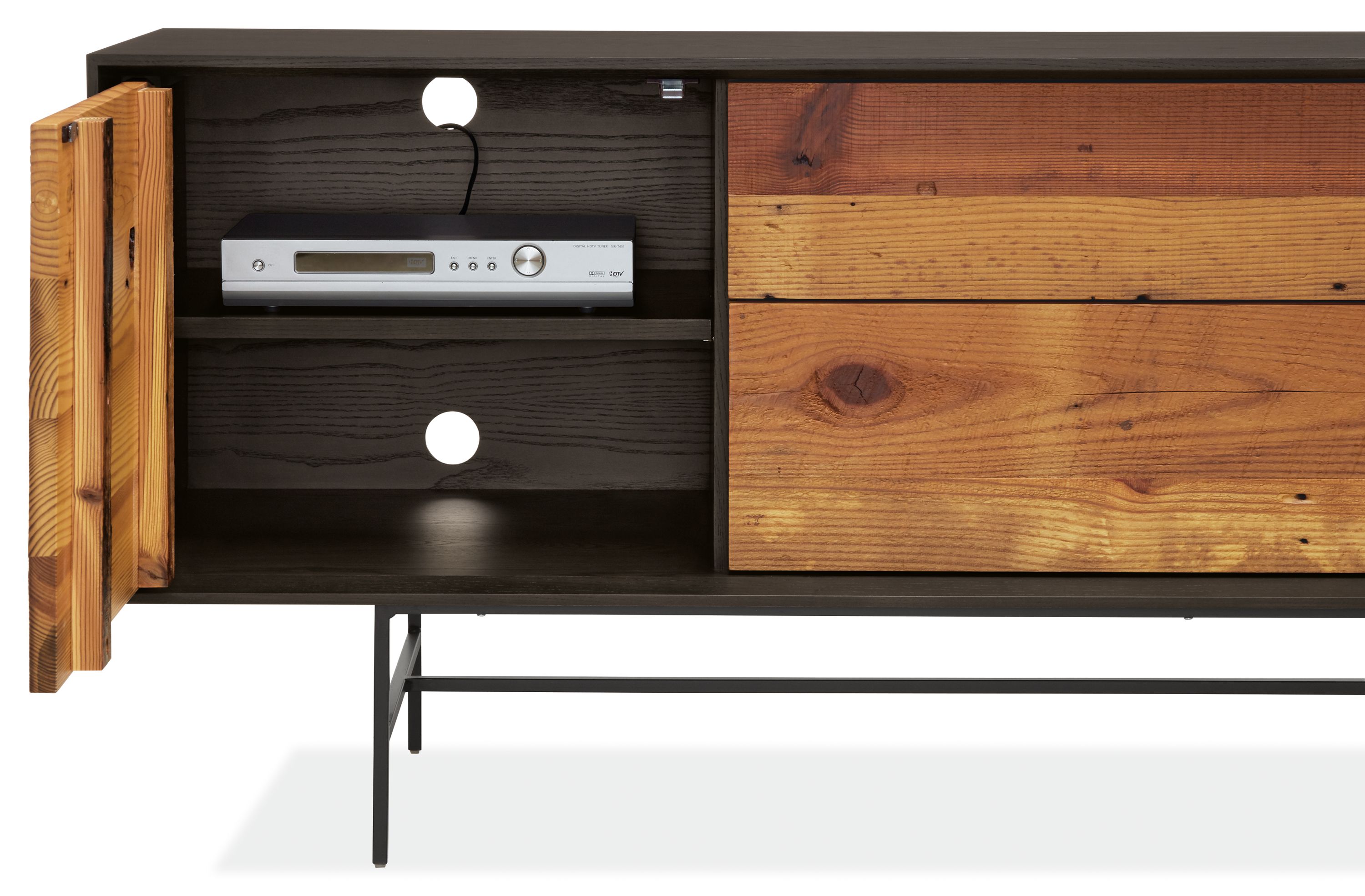Detail of McKean 72-wide Reclaimed Wood Media Cabinet in Charcoal with Reclaimed Pine.