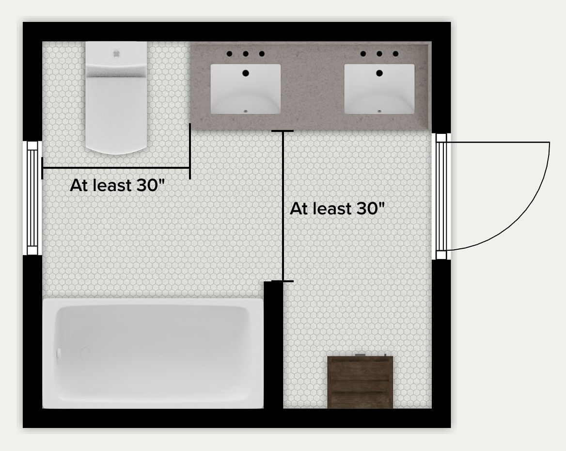 Floor plan shows at least 30 inches from front end of vanity to outer wall and at least 30 inches of width for toilet next to vanity