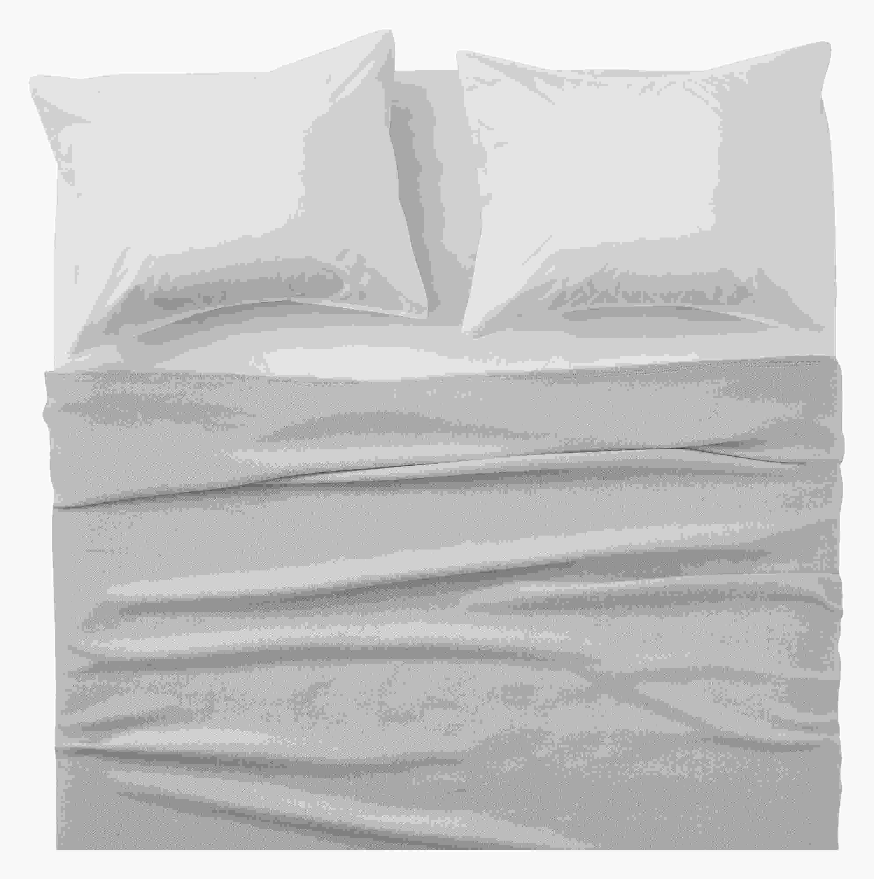 Overhead view of Mercer washable wool full/queen blanket in grey on a bed with signature percale sheets and sham in white.