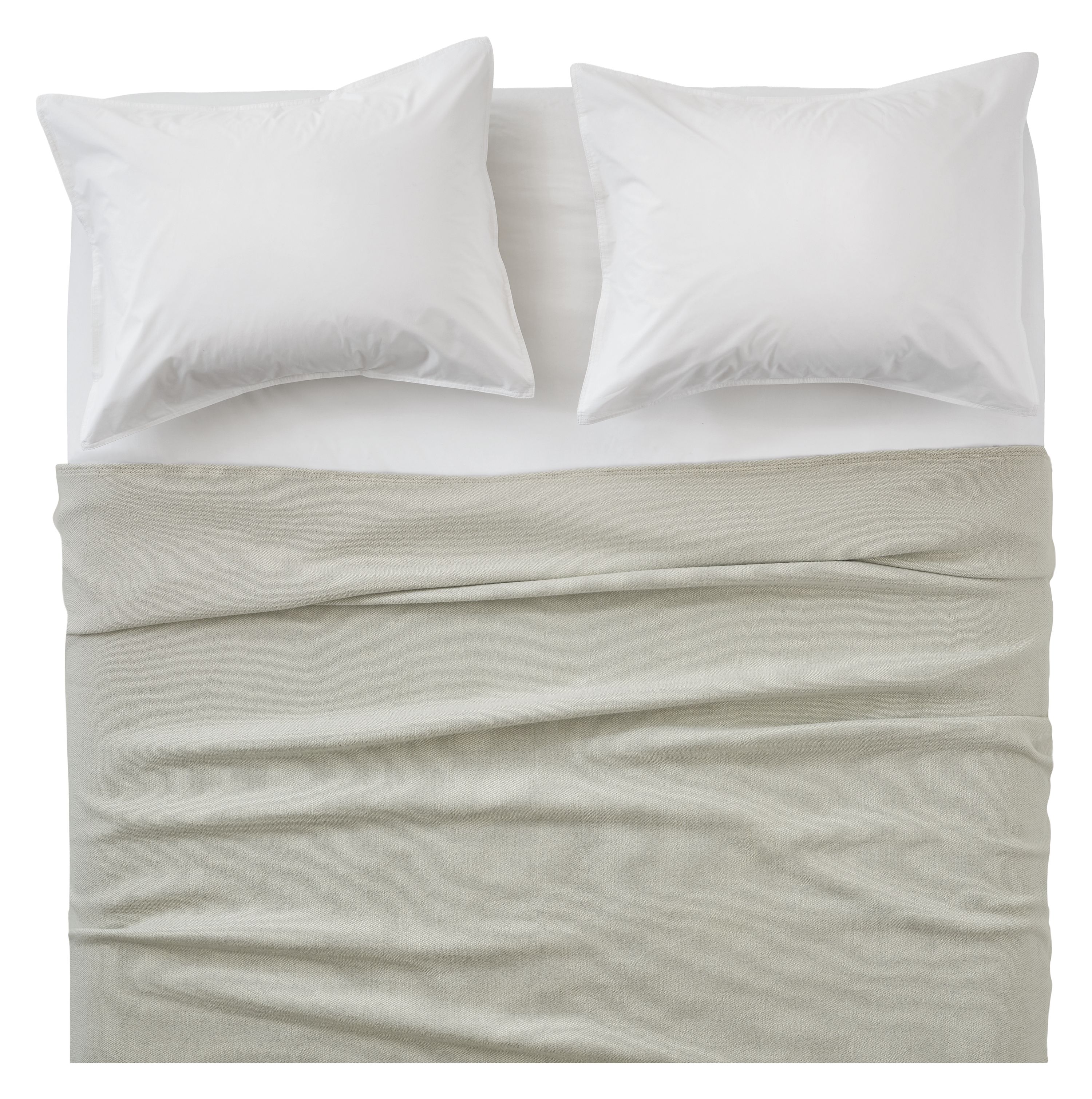 Overhead view of Mercer washable wool full/queen blanket in grey on a bed with signature percale sheets and sham in white.