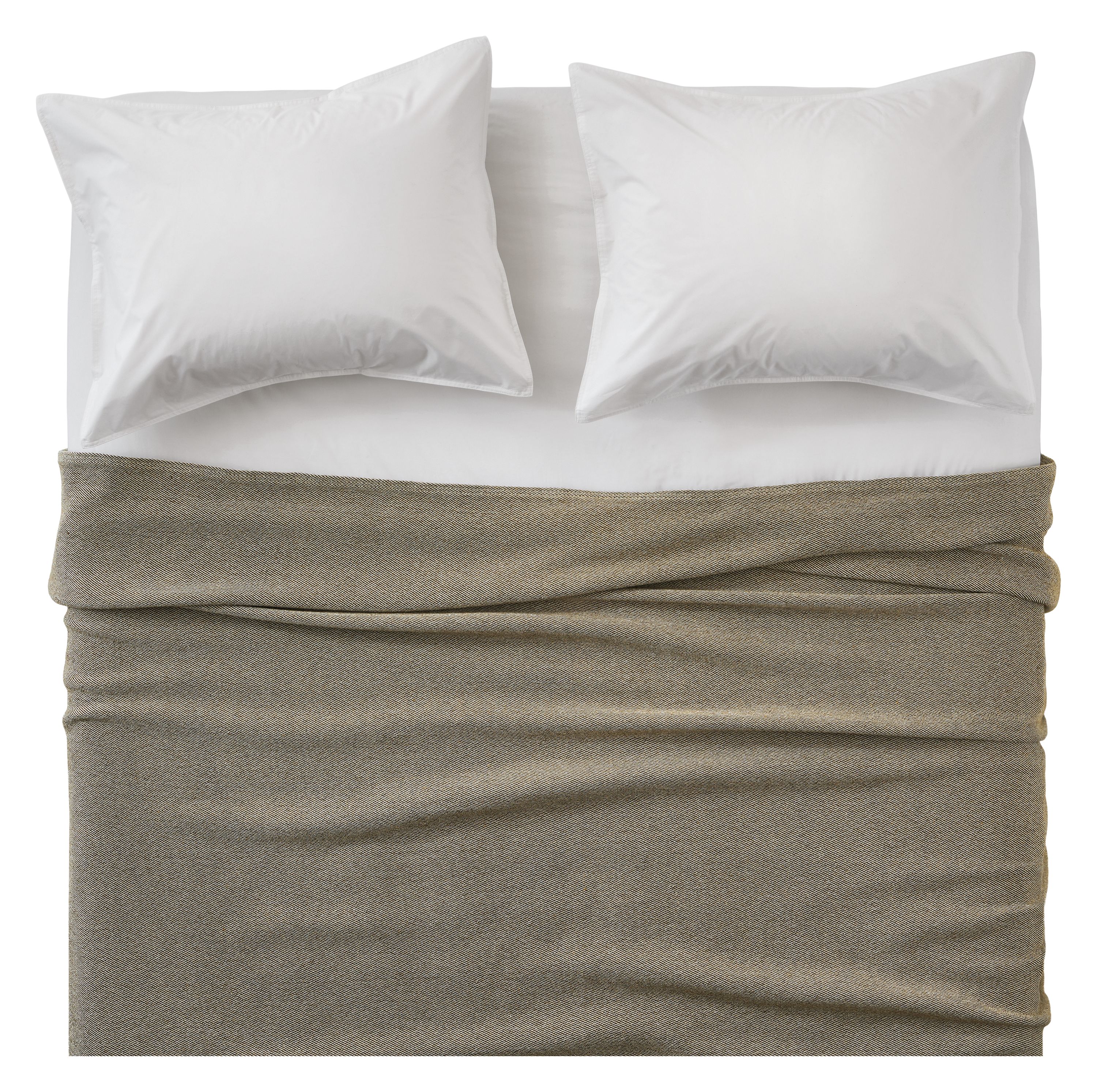 Overhead view of Mercer washable wool full/queen blanket in Earth on a bed with signature percale sheets and sham in white.