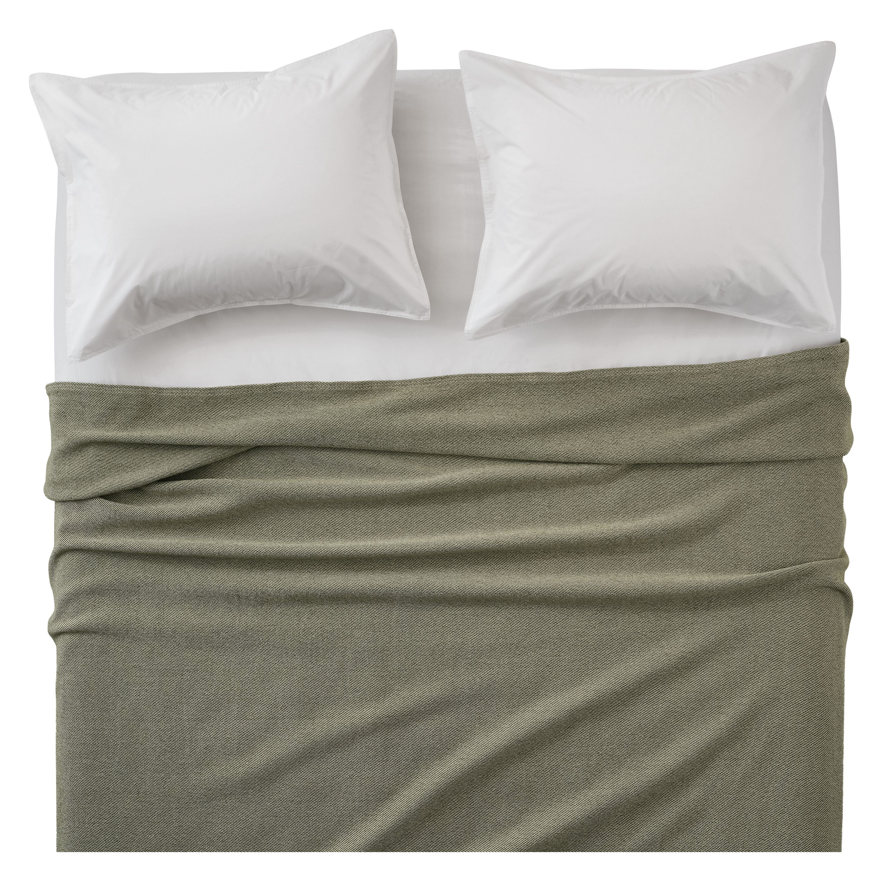 Overhead view of Mercer washable wool full/queen blanket in olive on a bed with signature percale sheets and sham in white.