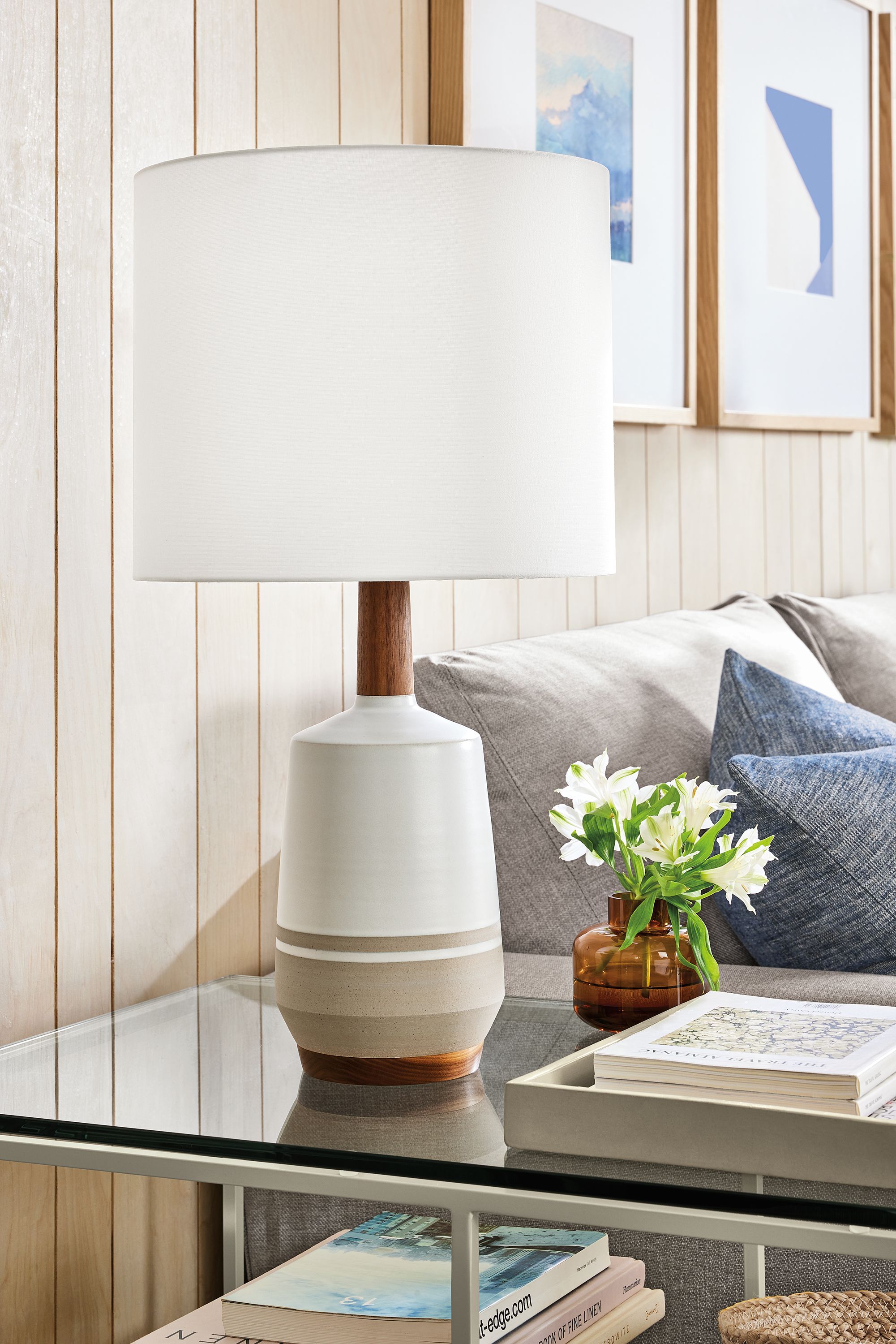 living room with meriden table lamp, bowen end table, saco tray.