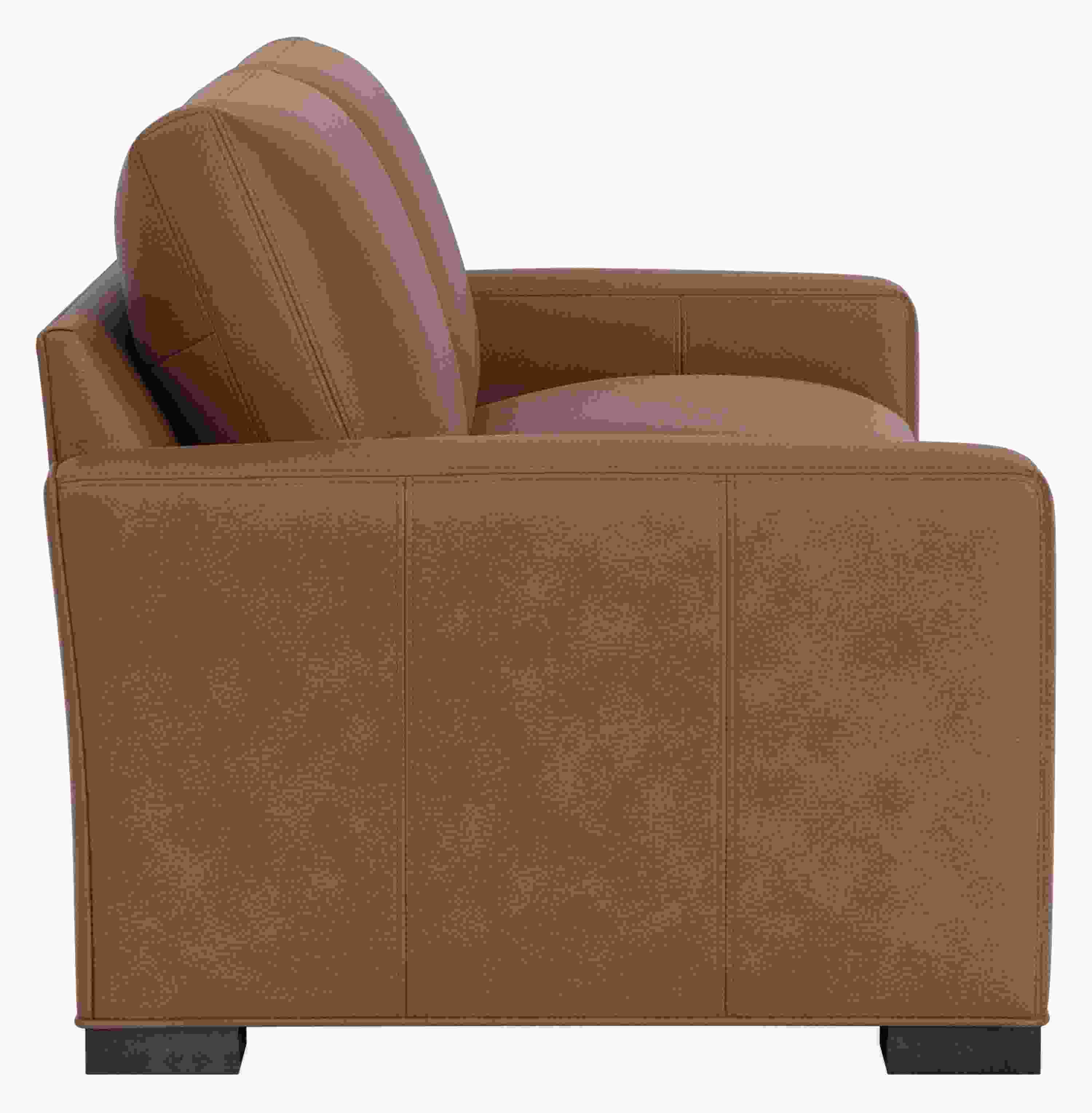 Side view of Metro 98-wide Two-Cushion Sofa in Laino Cognac Leather & Charcoal.