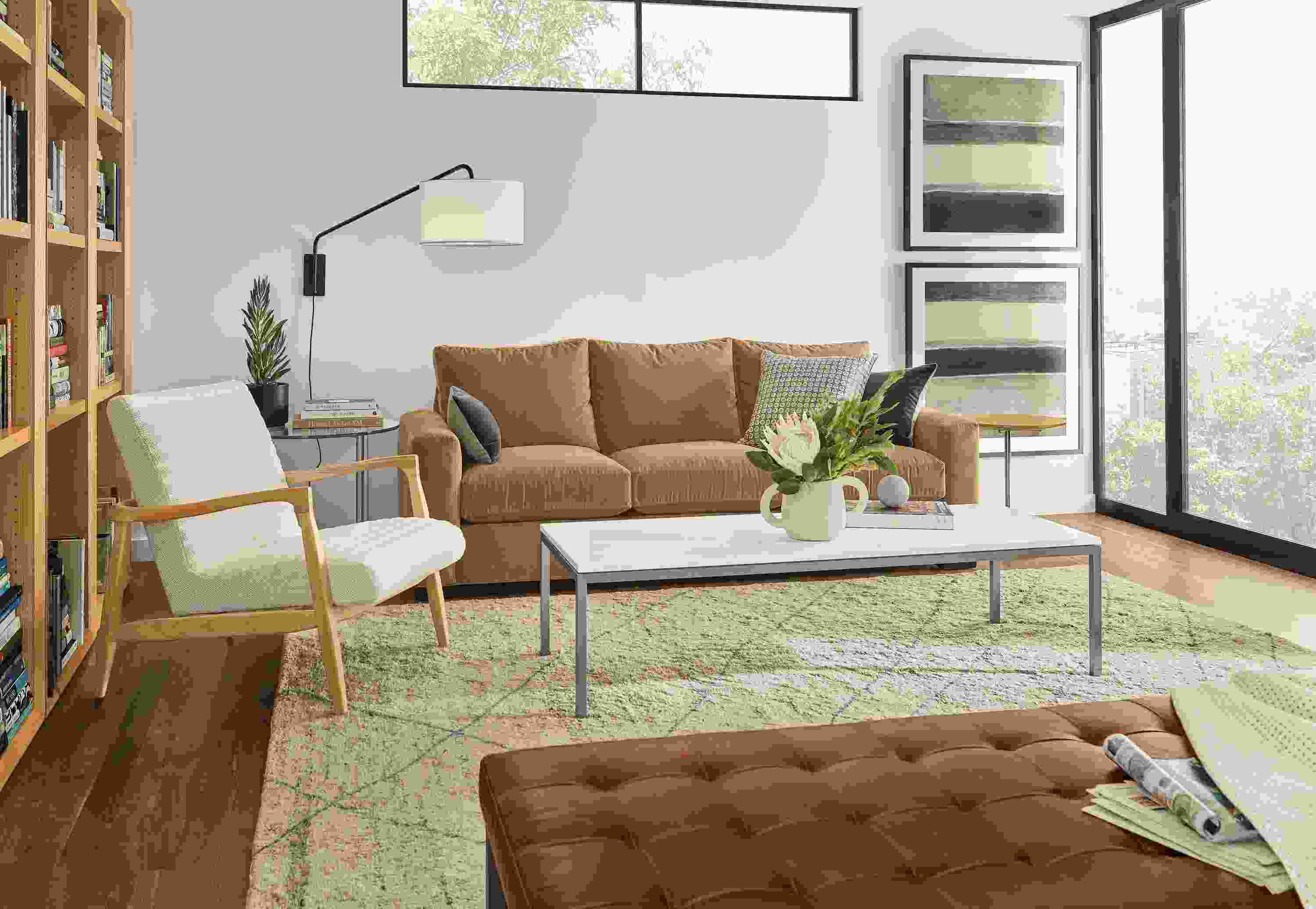 Detail of Metro 3-cushion sofa in Banks Camel velvet in living room.