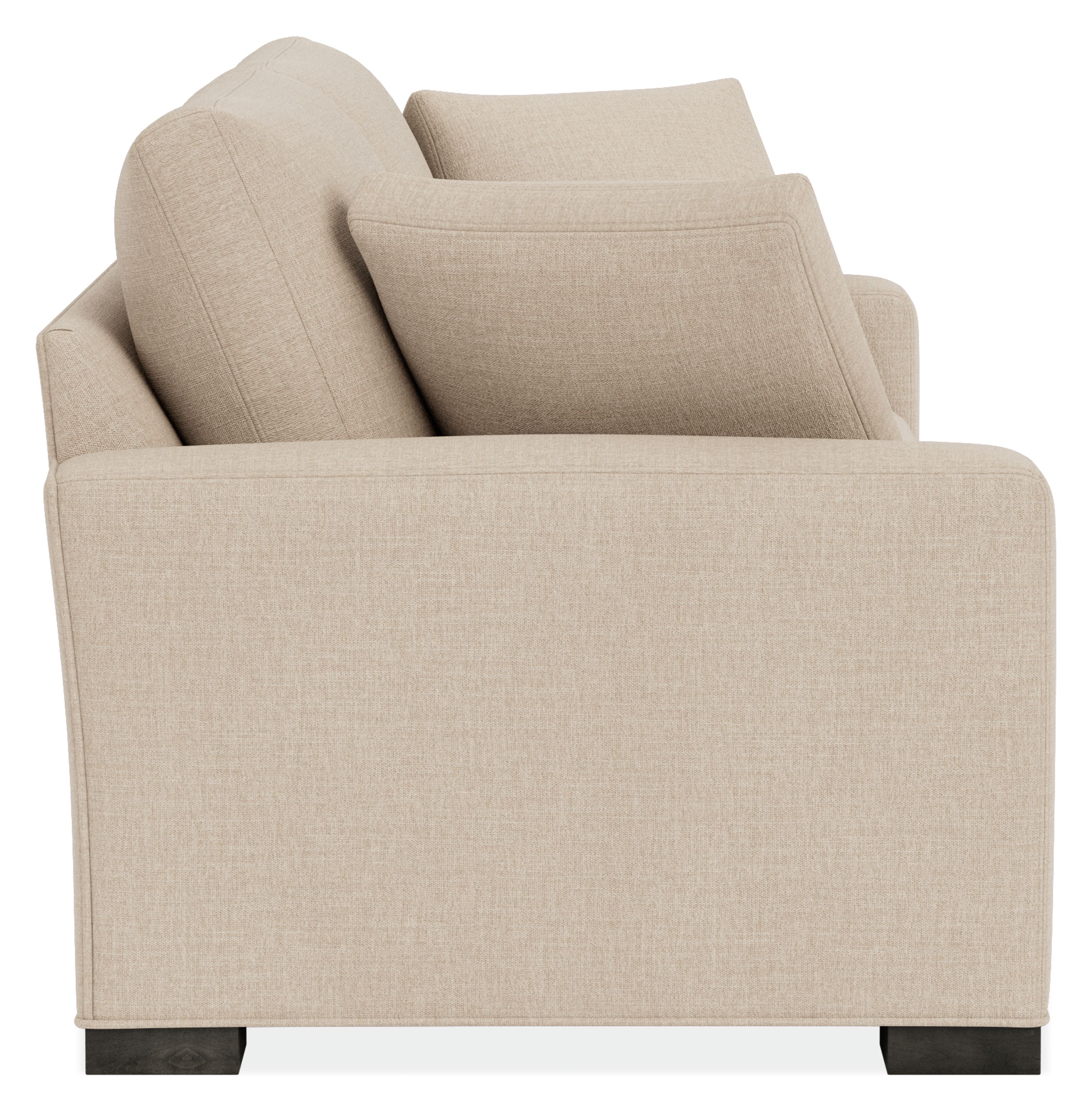 Side view of Metro 98-wide Two-Cushion Sofa in Mori Oatmeal Fabric & Charcoal.