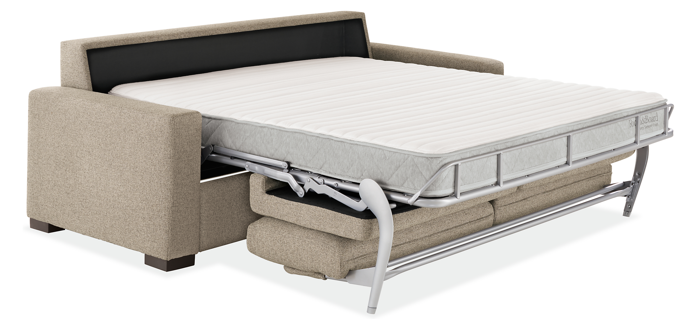 angled view of metro foldout sleeper sofa with mattress fully extended.