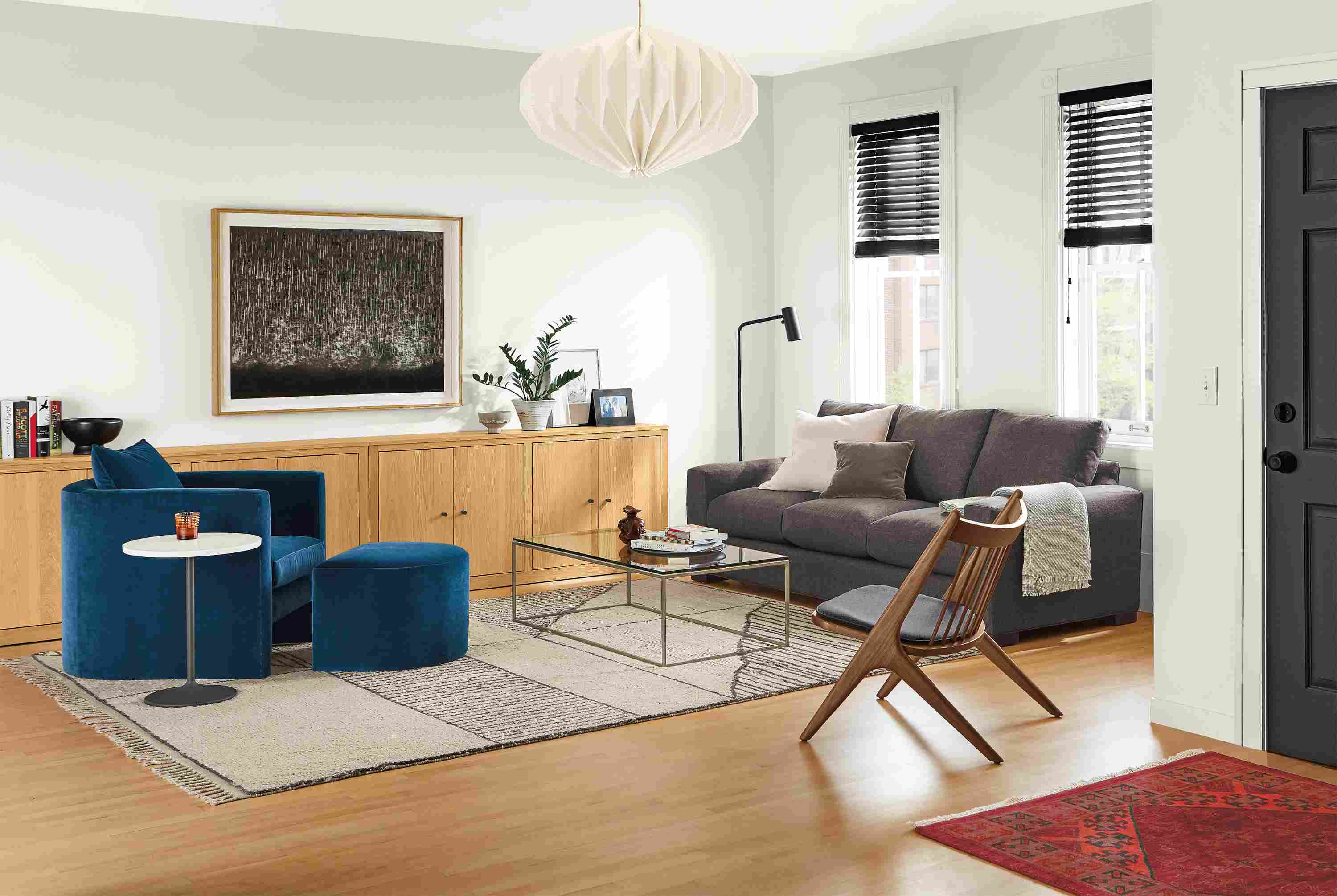 Detail of Silva chair in banks denim in living room with metro sofa.